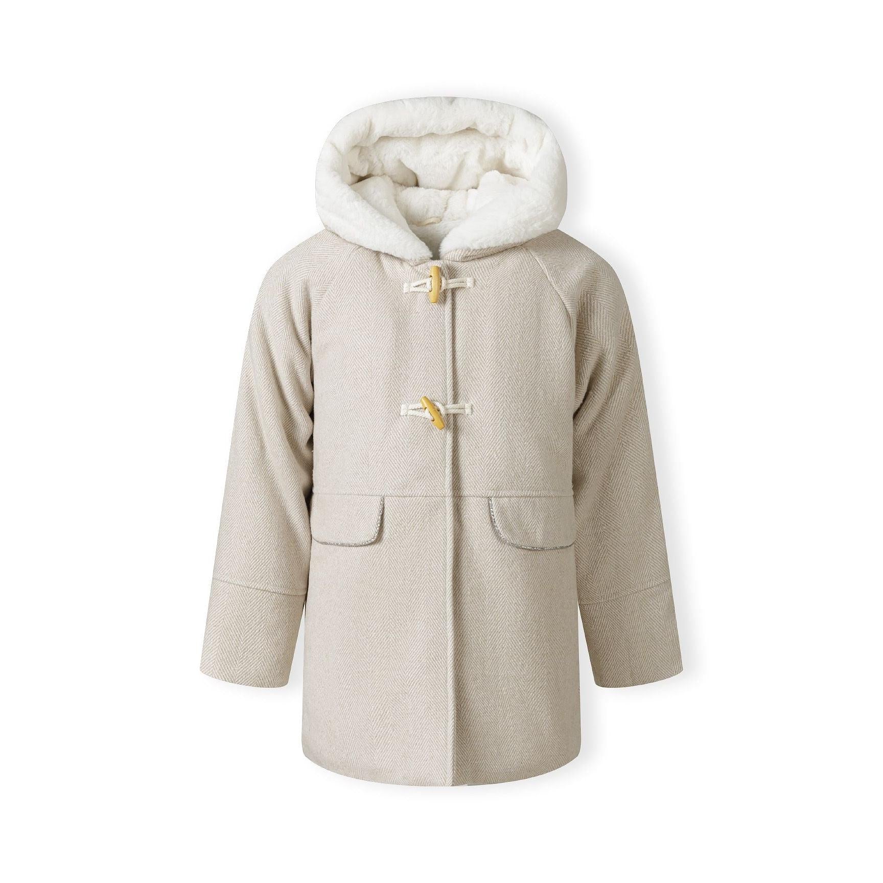 Back view of grey wool blend winter coat showing herringbone texture, hood with faux fur trim and relaxed fit silhouette on white background