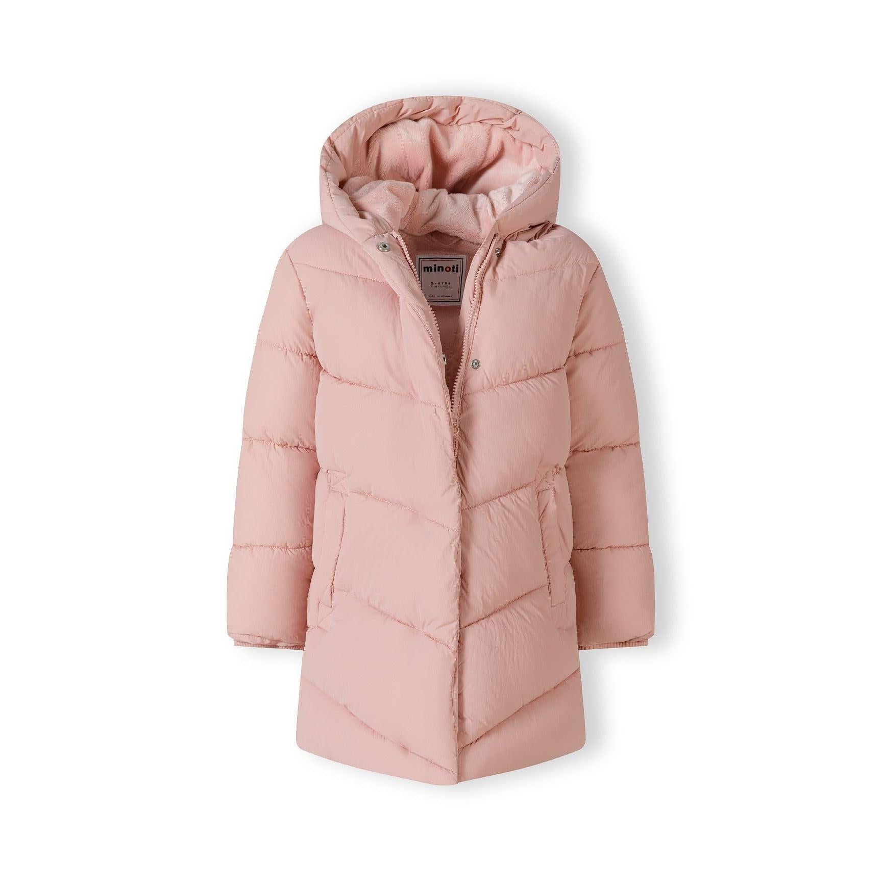 Pink long quilted jacket laid flat showing diagonal quilting pattern, hood, and front zip closure with Minoti label visible
