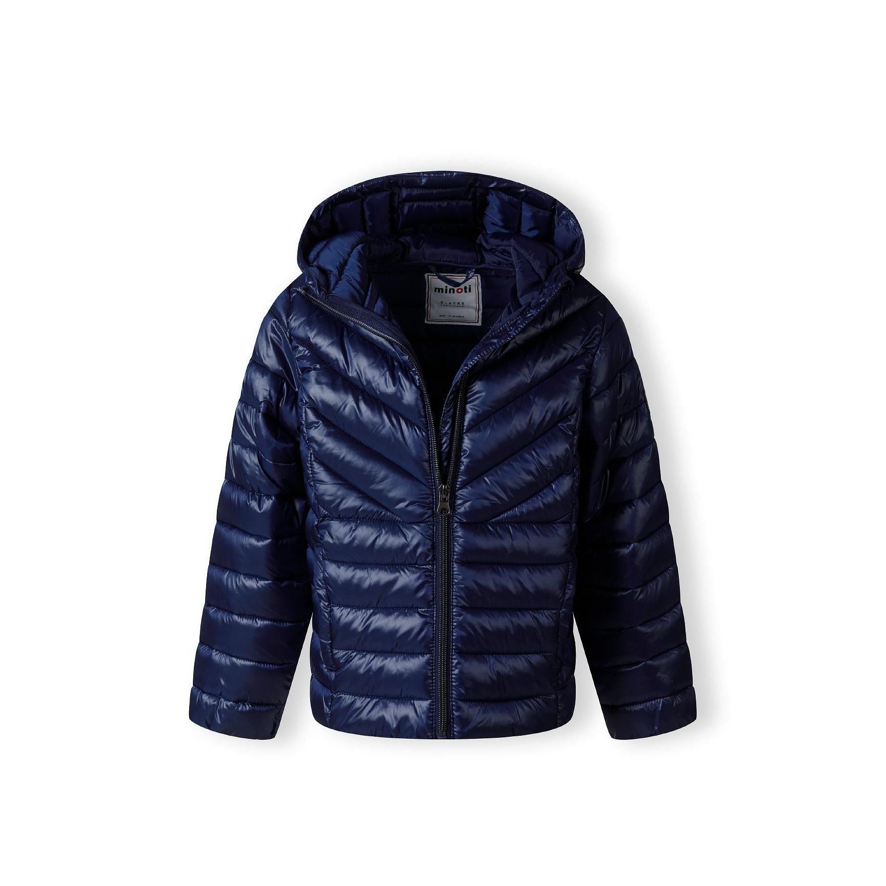 Navy quilted jacket laid flat showing hooded design, quilted pattern texture and Minoti brand label on white background