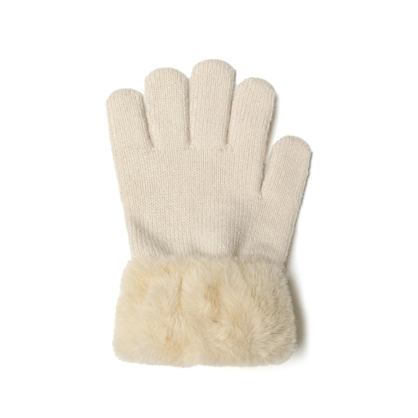 Single pink knitted glove with fluffy faux fur cuff shown from palm side on white background