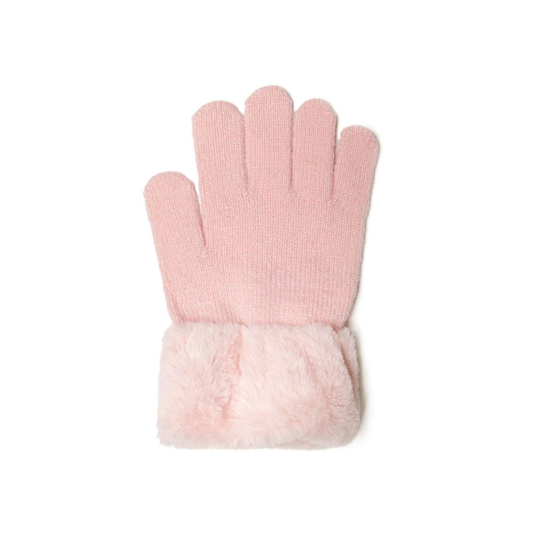 Single pink knitted glove with fluffy faux fur cuff shown from palm side on white background