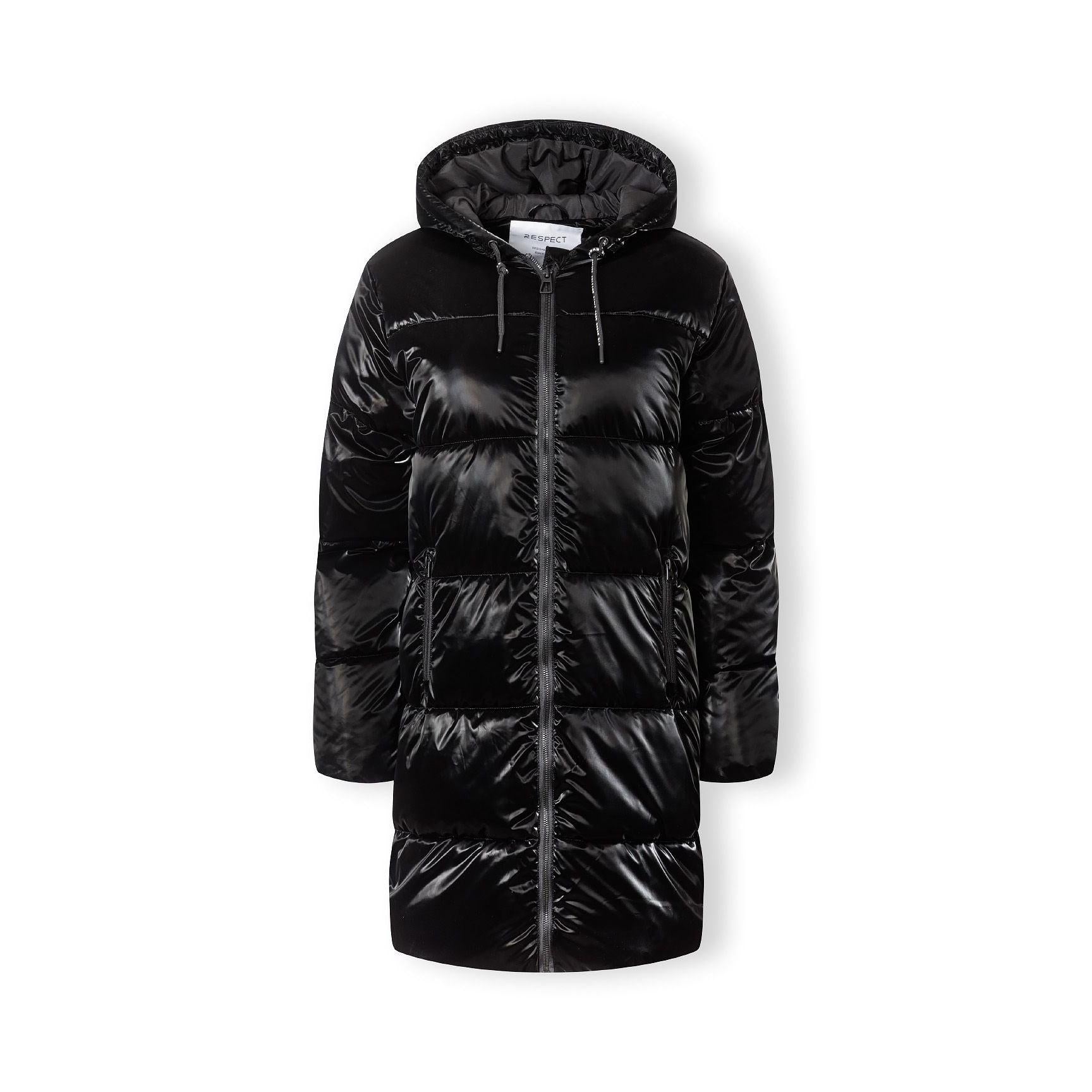 Black velvet-feel puffer jacket with hood and full zip, displayed against white background