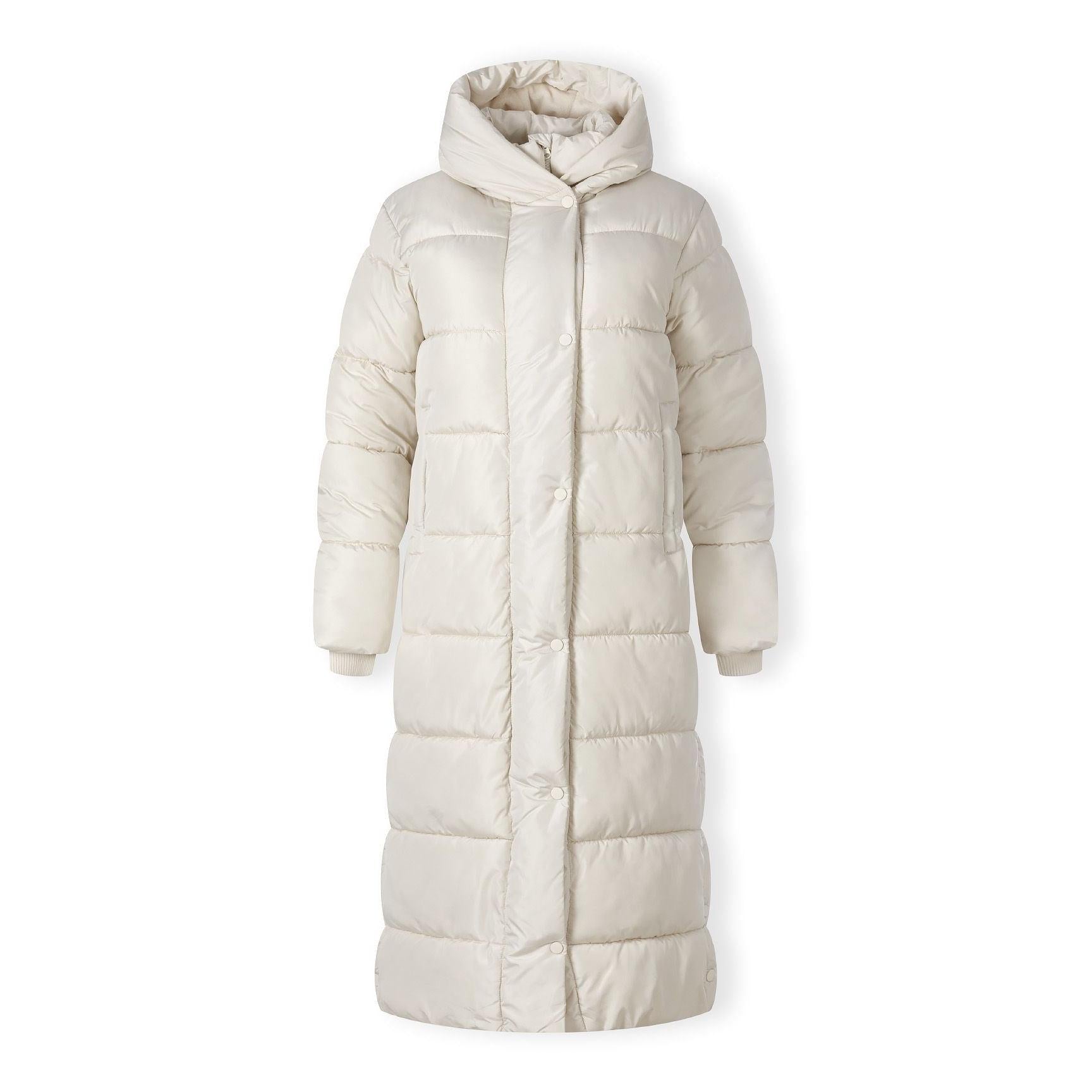 Front view of cream long puffer jacket with hood and zip closure against white background