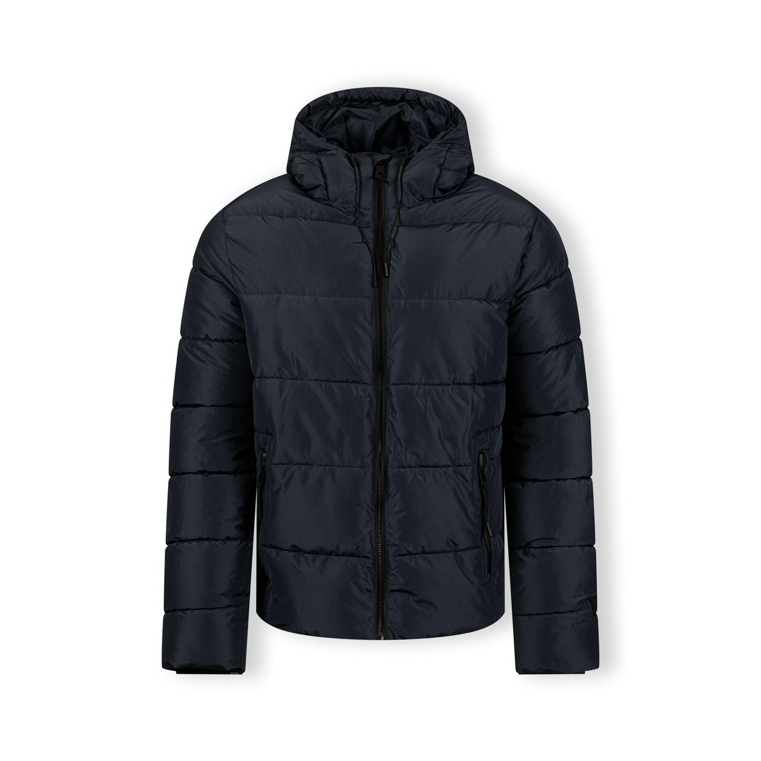 Back view of navy quilted jacket showing horizontal quilting pattern, hood, and overall silhouette on white background
