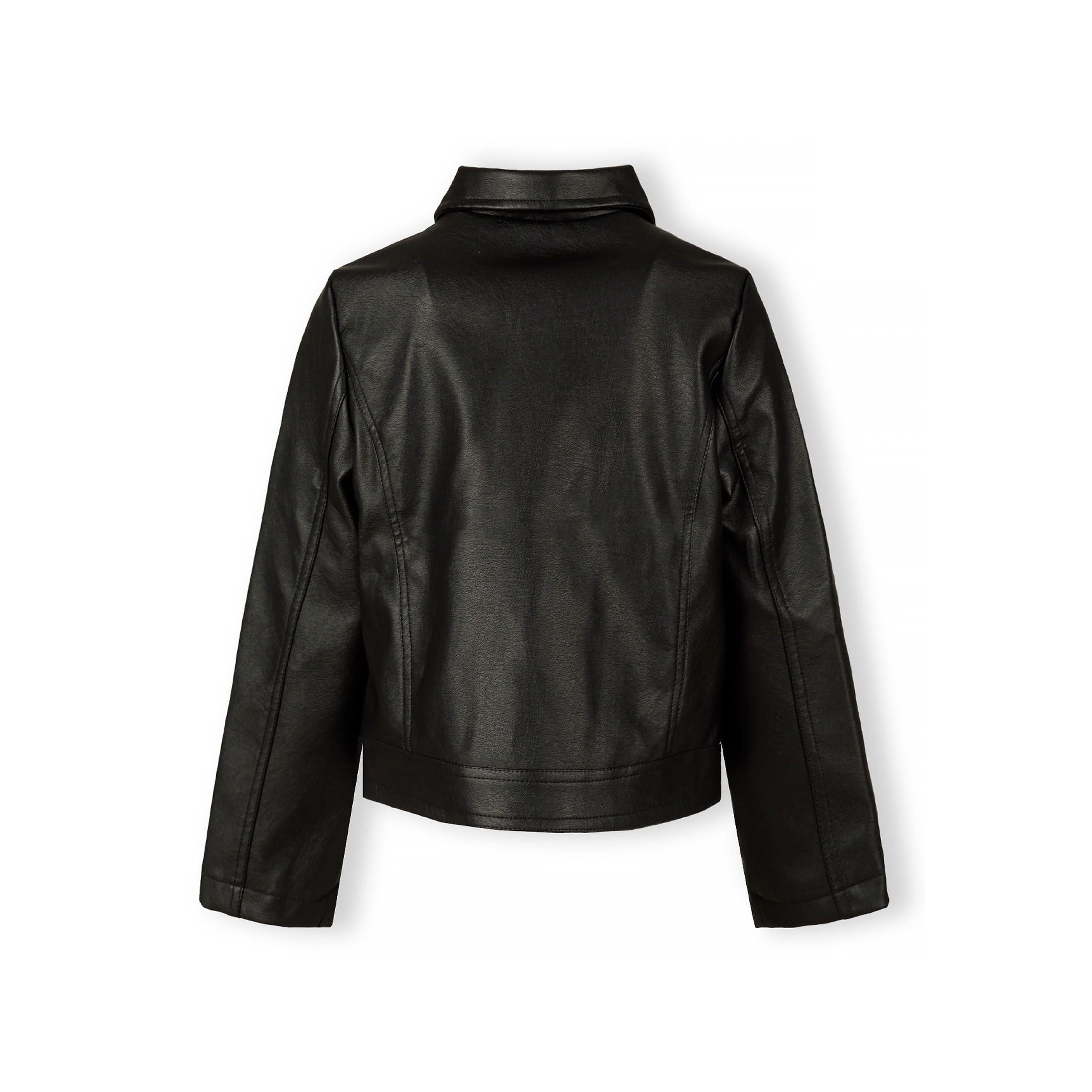 Back view of black faux leather biker jacket showing structured silhouette and seam details on white background