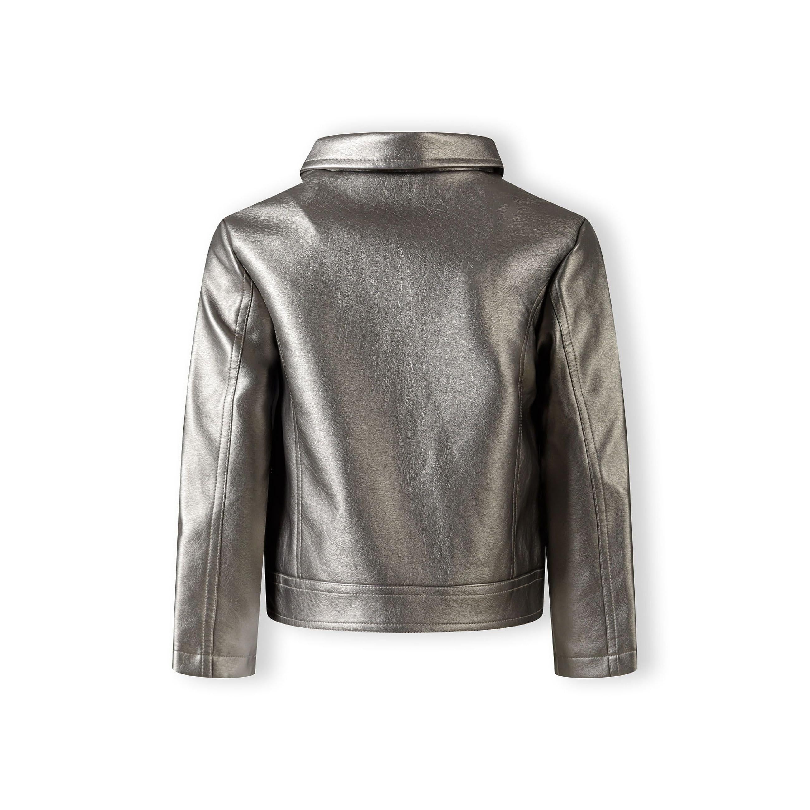 Back view of silver metallic biker jacket showing smooth faux leather finish and classic moto silhouette on white background