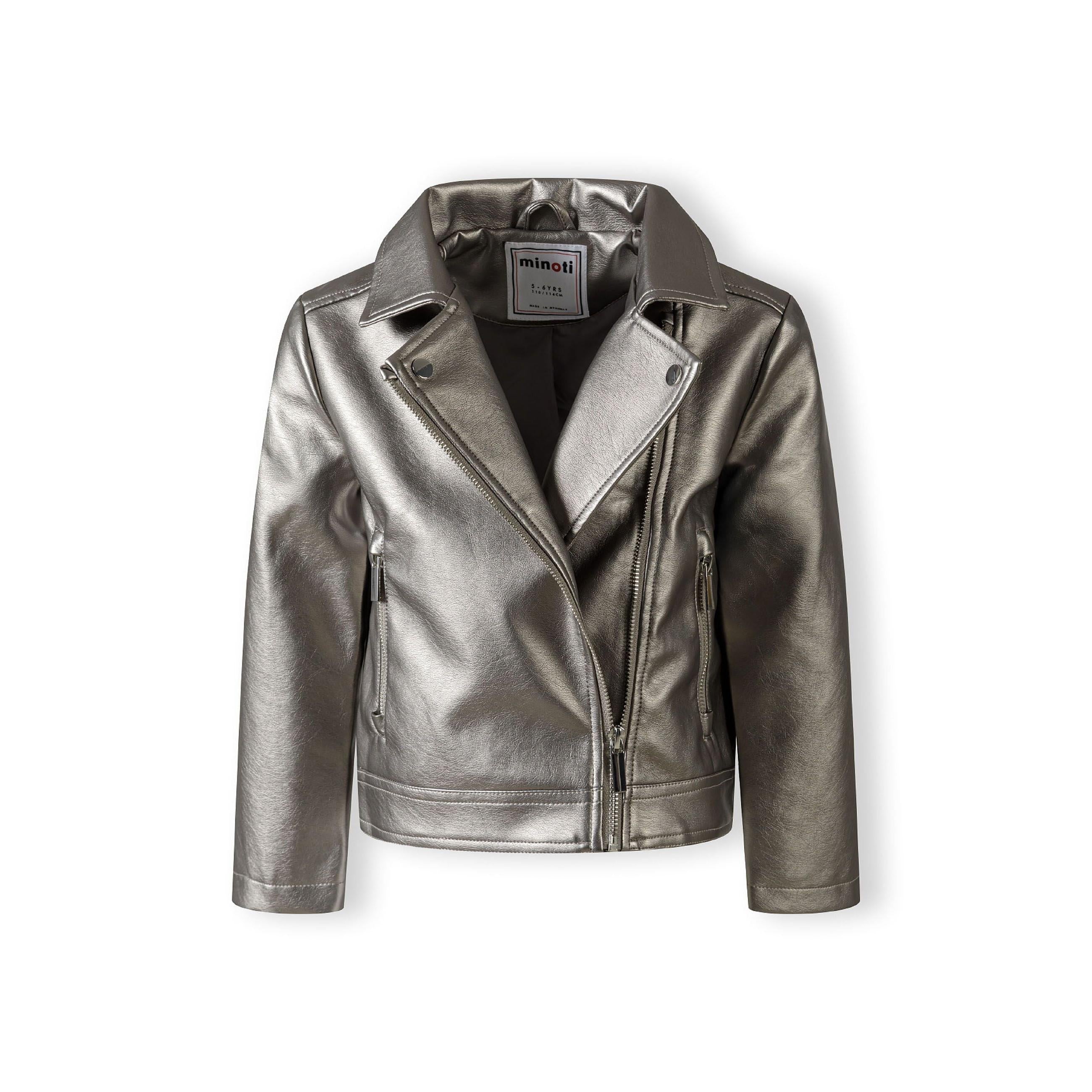 Front view of silver metallic biker jacket laid flat showing Minoti label, diagonal zip closure and front zip pockets on white background