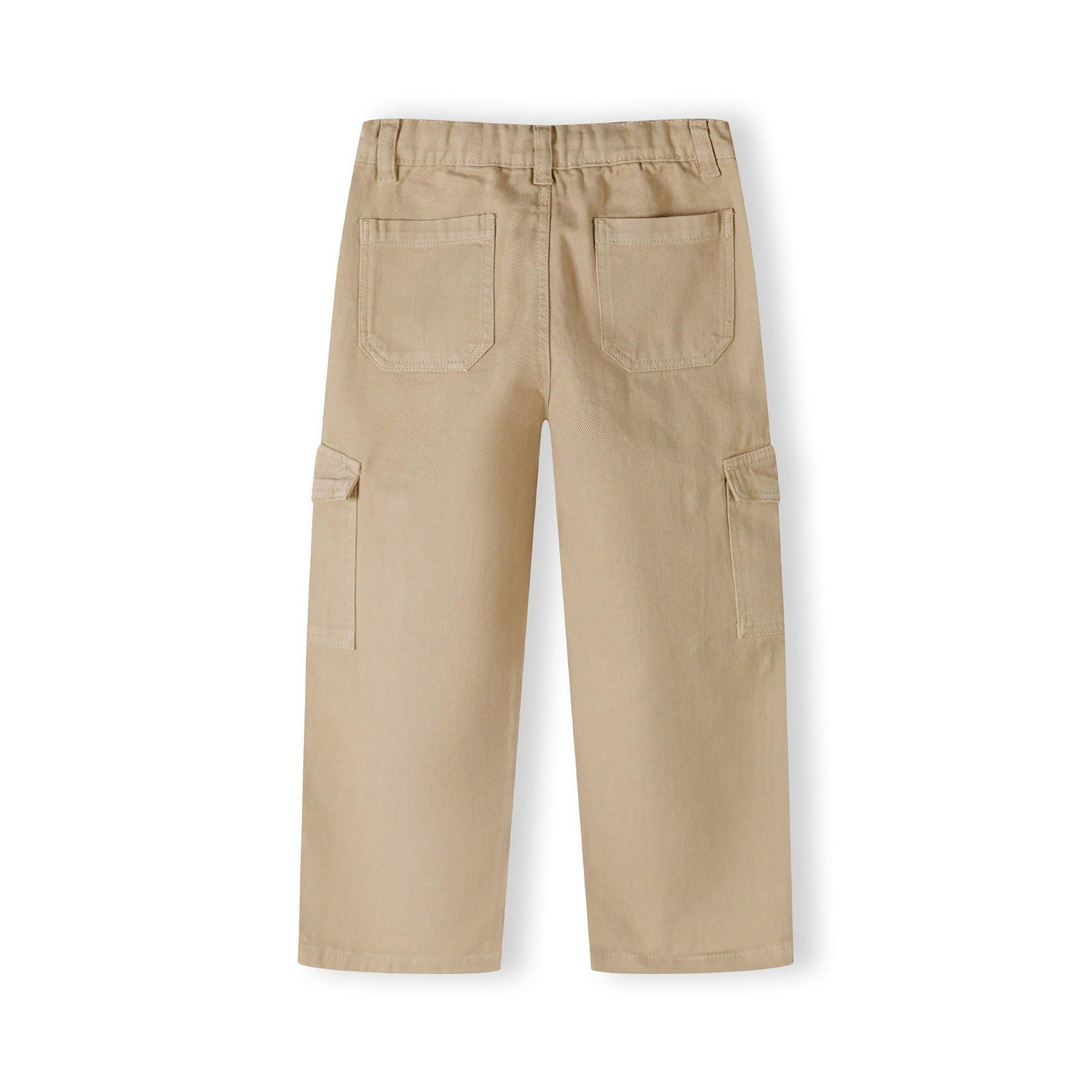 Back view of beige cargo trousers showing rear pockets and wide-leg silhouette on white background