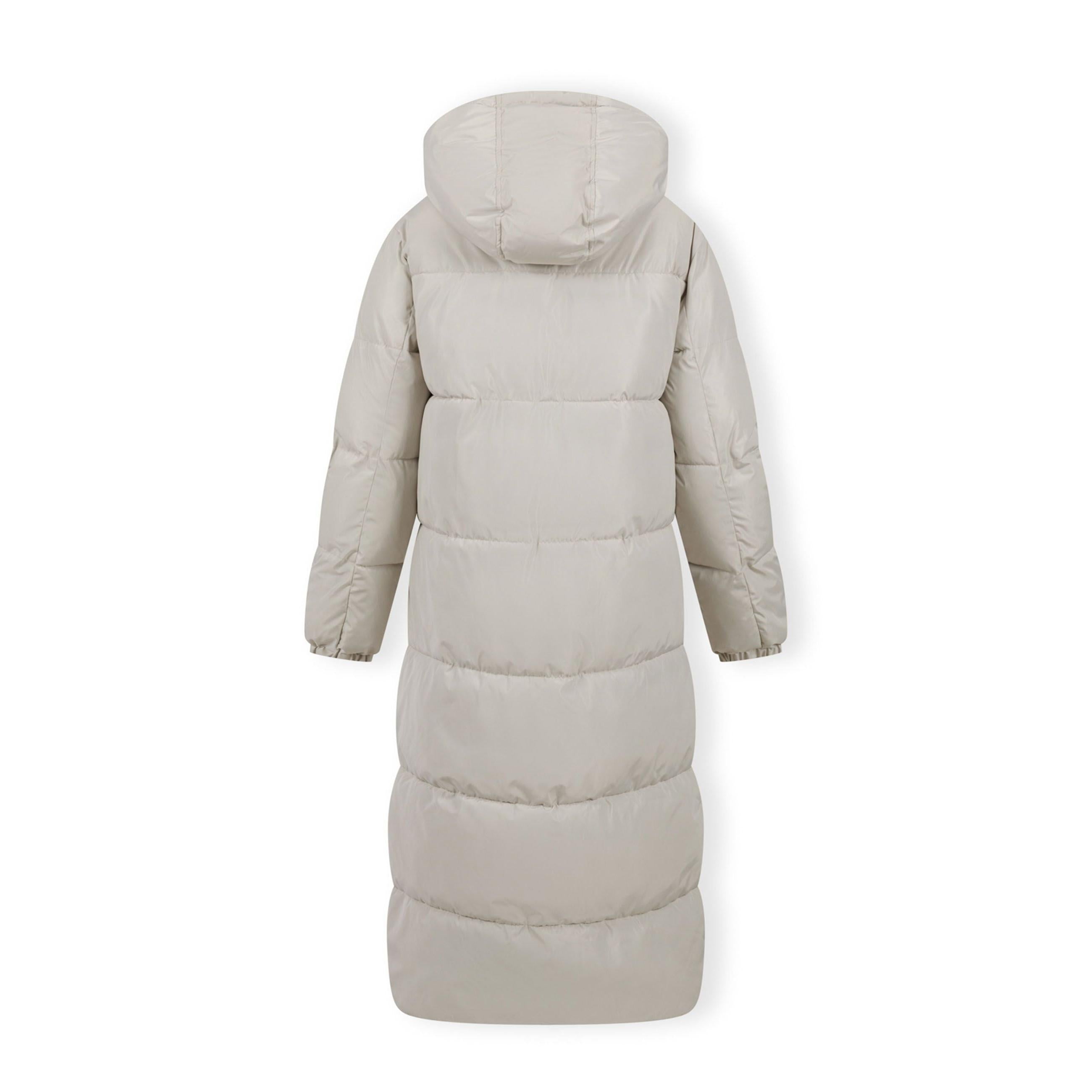 Full front view of cream quilted puffer jacket showing long length design, padded sections and hood detail on white background