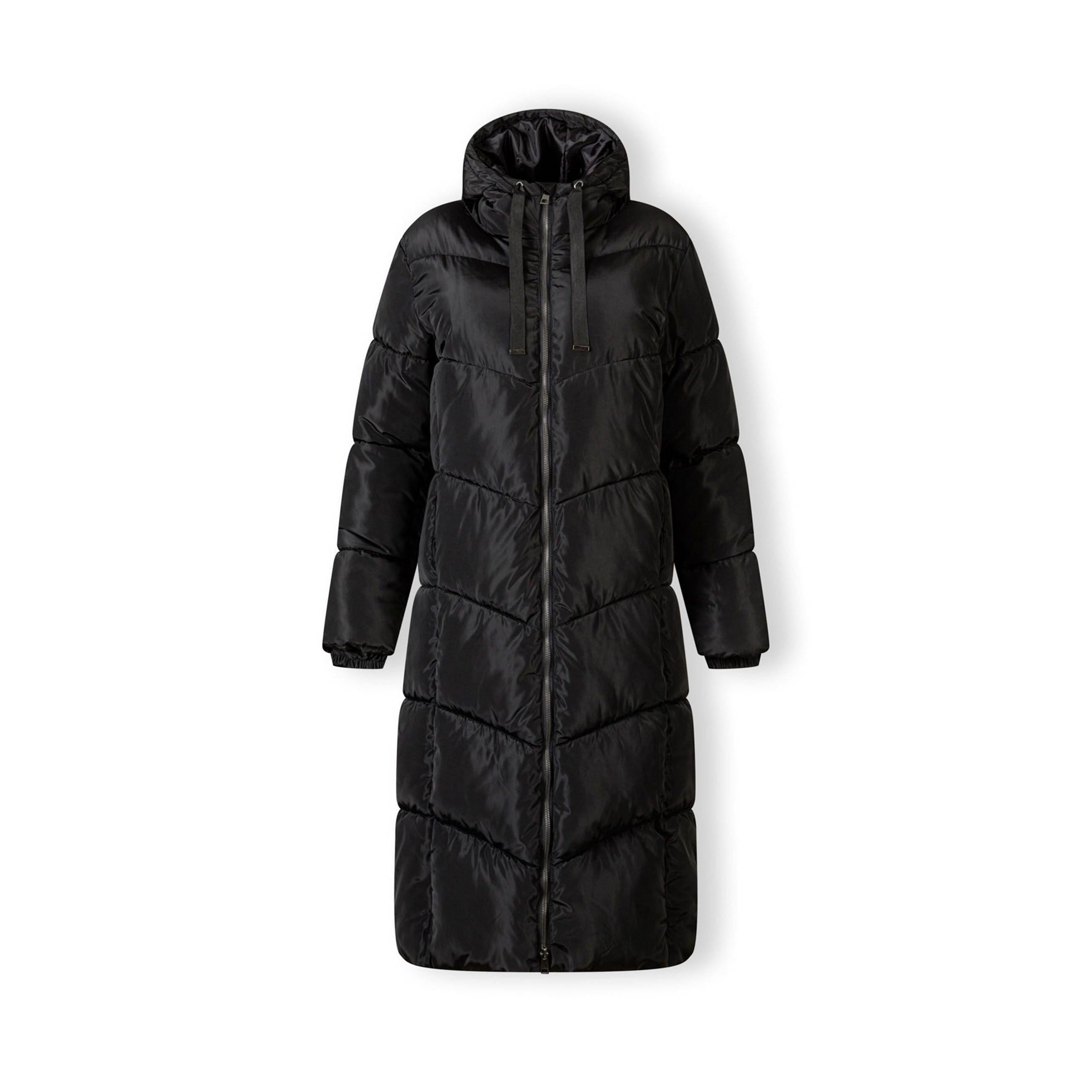 Back view of long black quilted winter coat showing chevron quilting pattern and hood detail