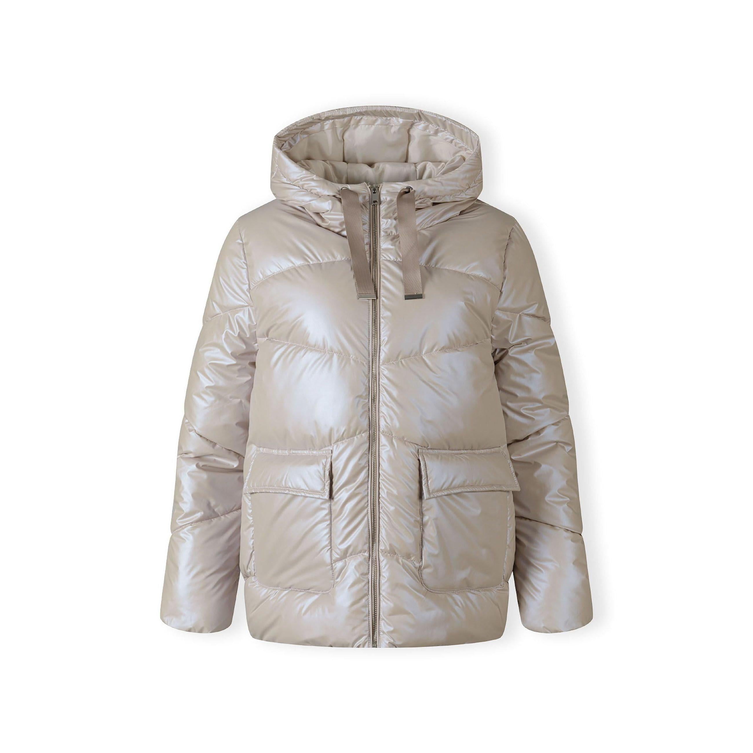 Back view of beige quilted puffer jacket showing hood and quilted pattern detail on white background