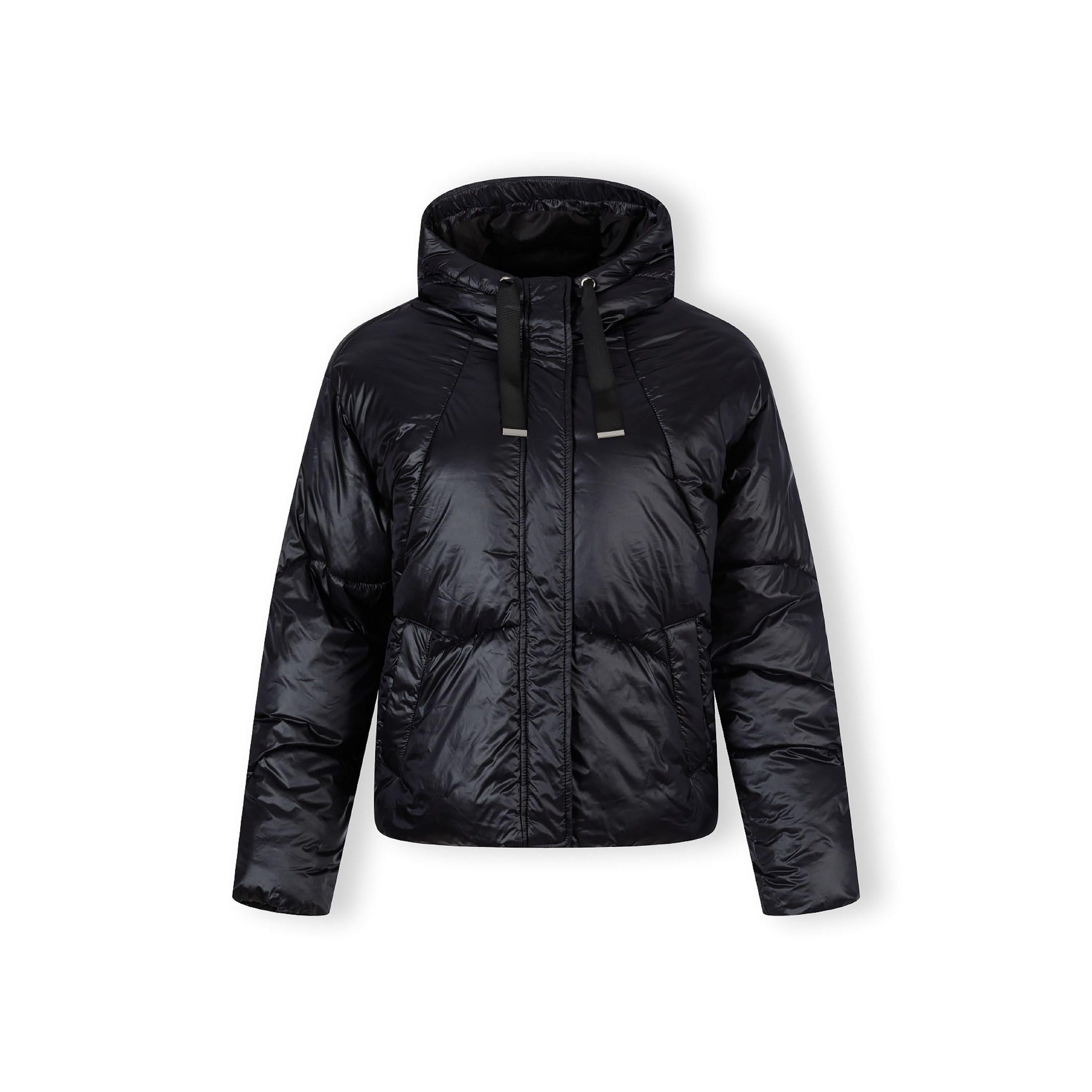 Back view of black quilted puffer jacket showing horizontal quilting pattern and hood detail on white background