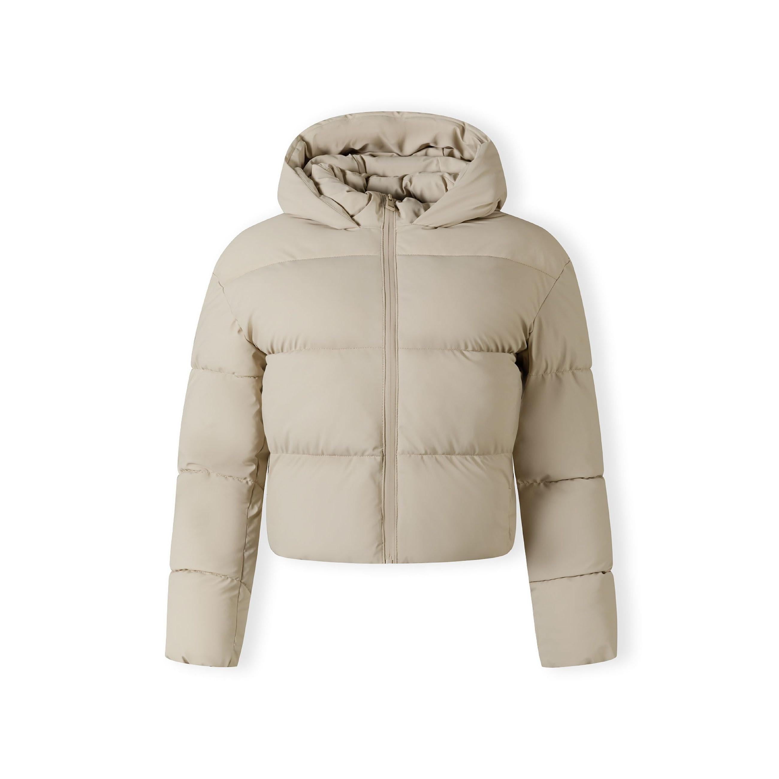 Back view of stone grey quilted puffer jacket showing hood detail and quilted pattern on white background