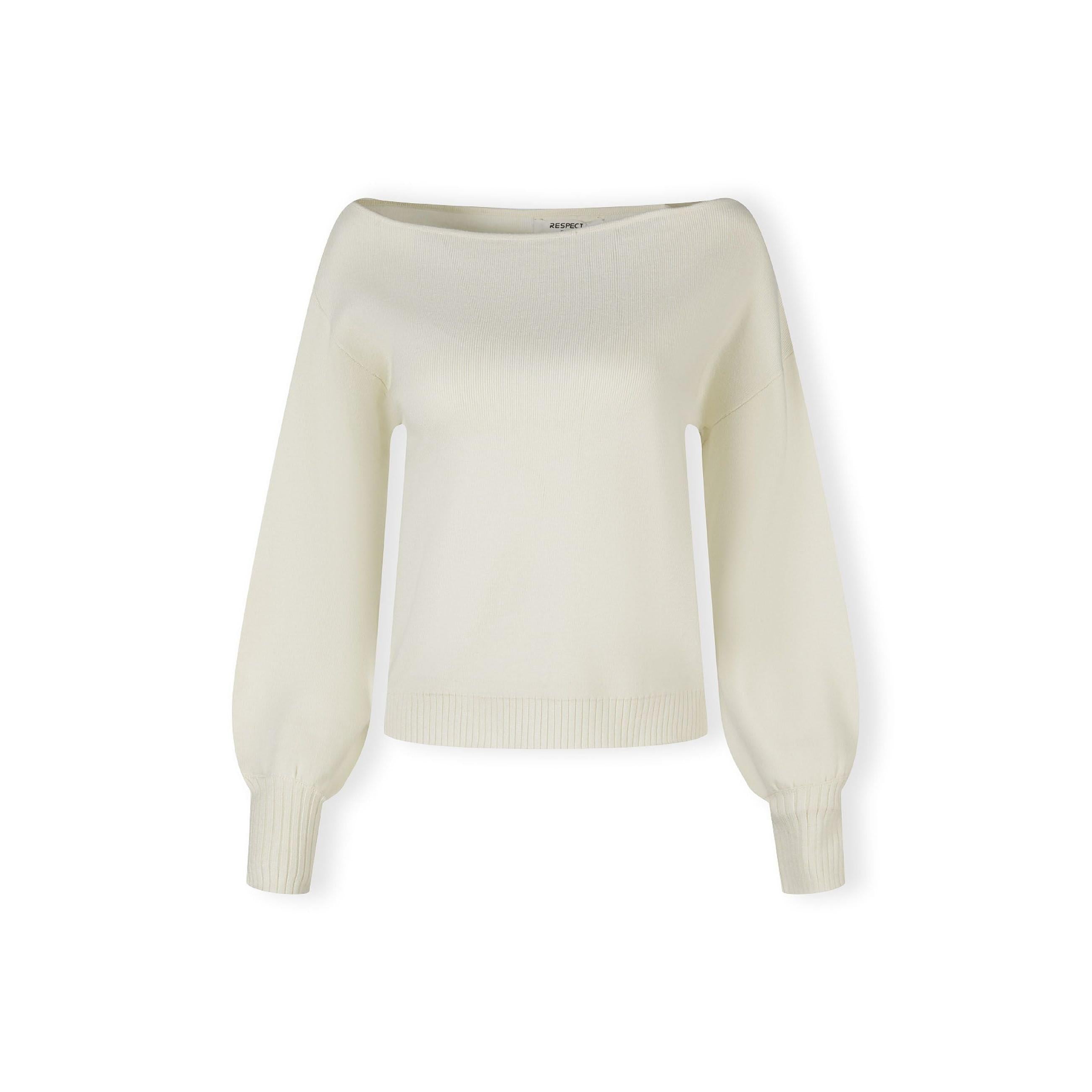 Flat lay of cream knitted jumper showing boat neckline, long sleeves and ribbed cuffs on white background