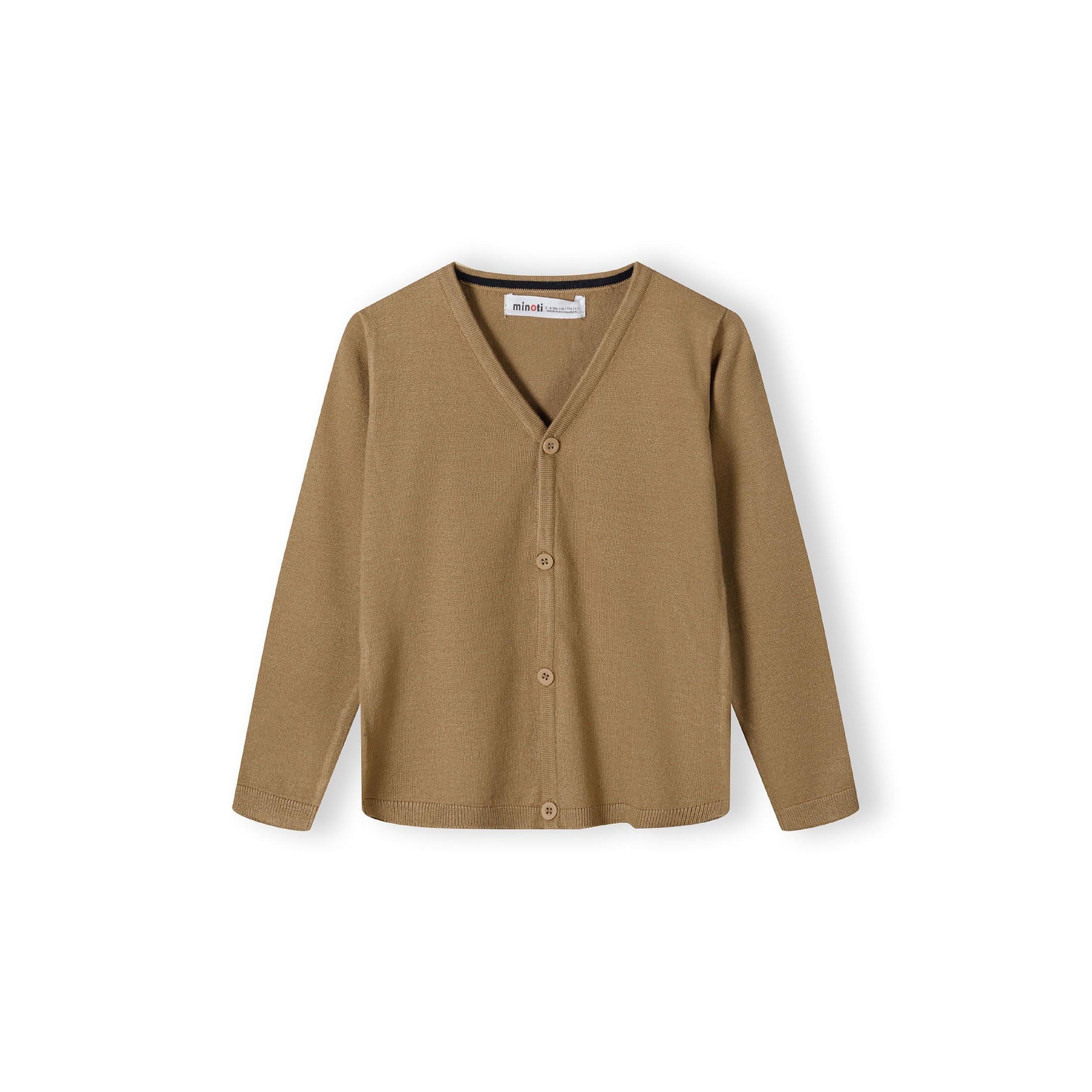Beige fine knit cardigan with V-neck and button front closure shown flat against white background, displaying classic design and soft texture
