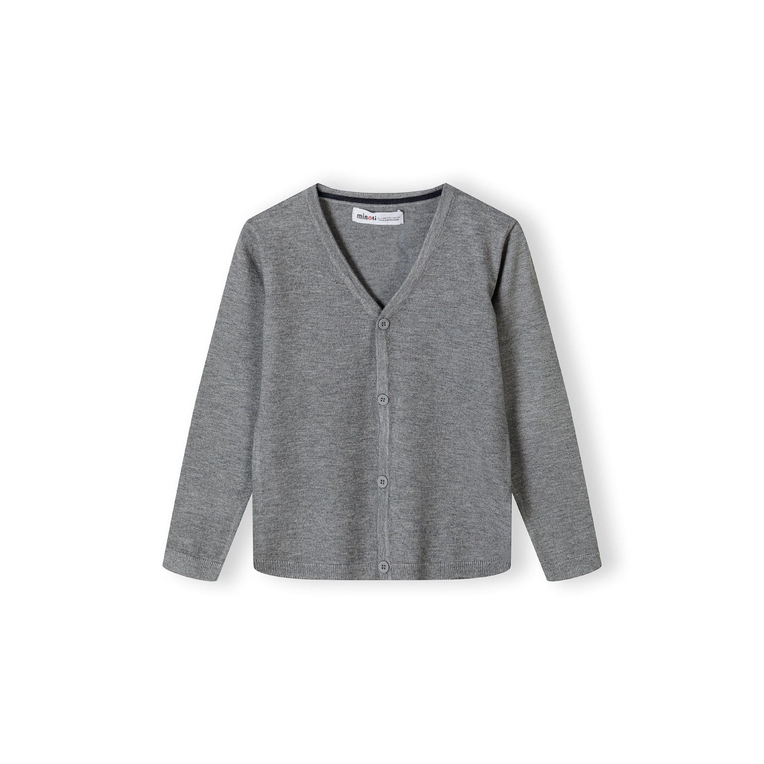 Grey fine knit cardigan laid flat showing back view with ribbed neckline and long sleeves against white background