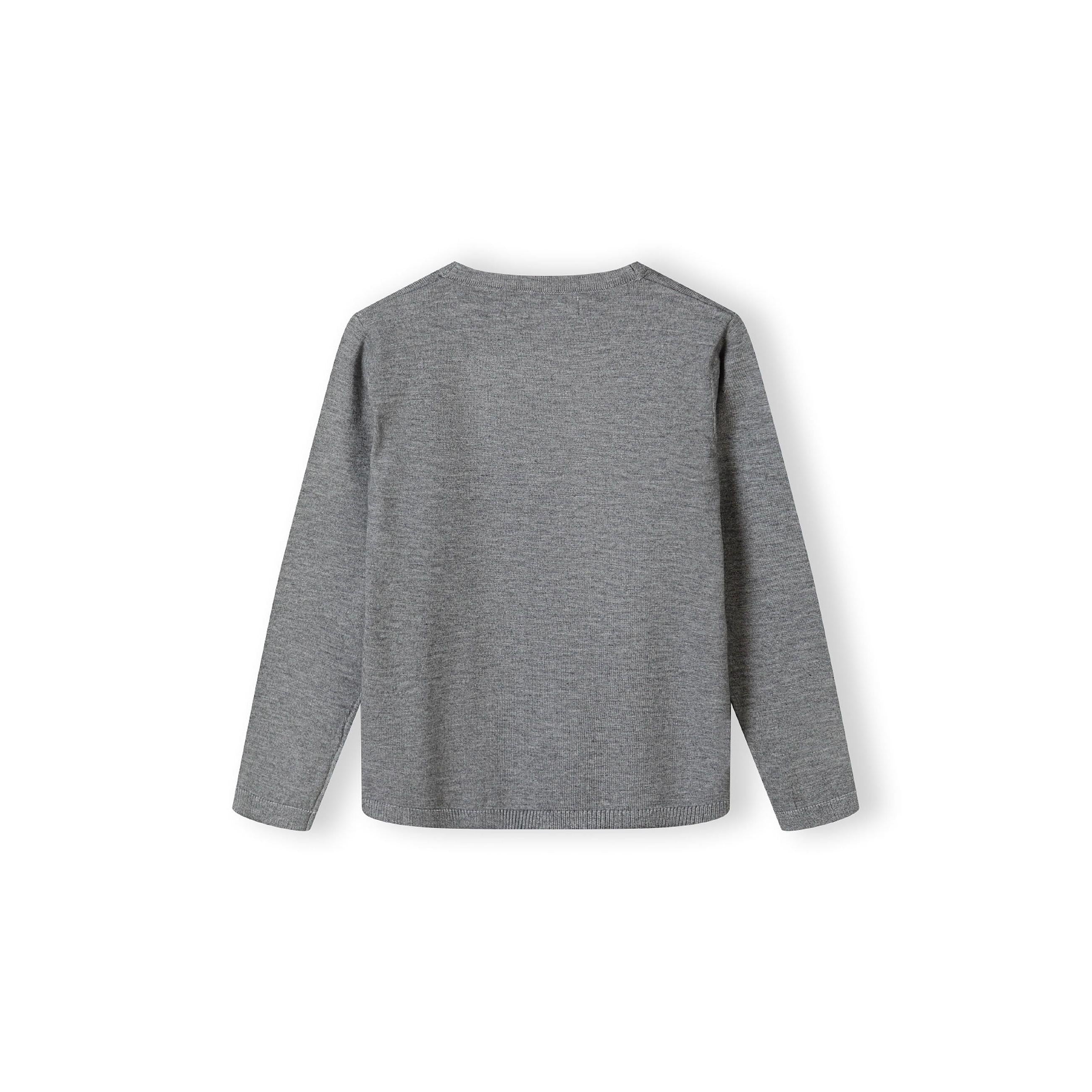 Grey fine knit cardigan laid flat showing back view with ribbed neckline and long sleeves against white background