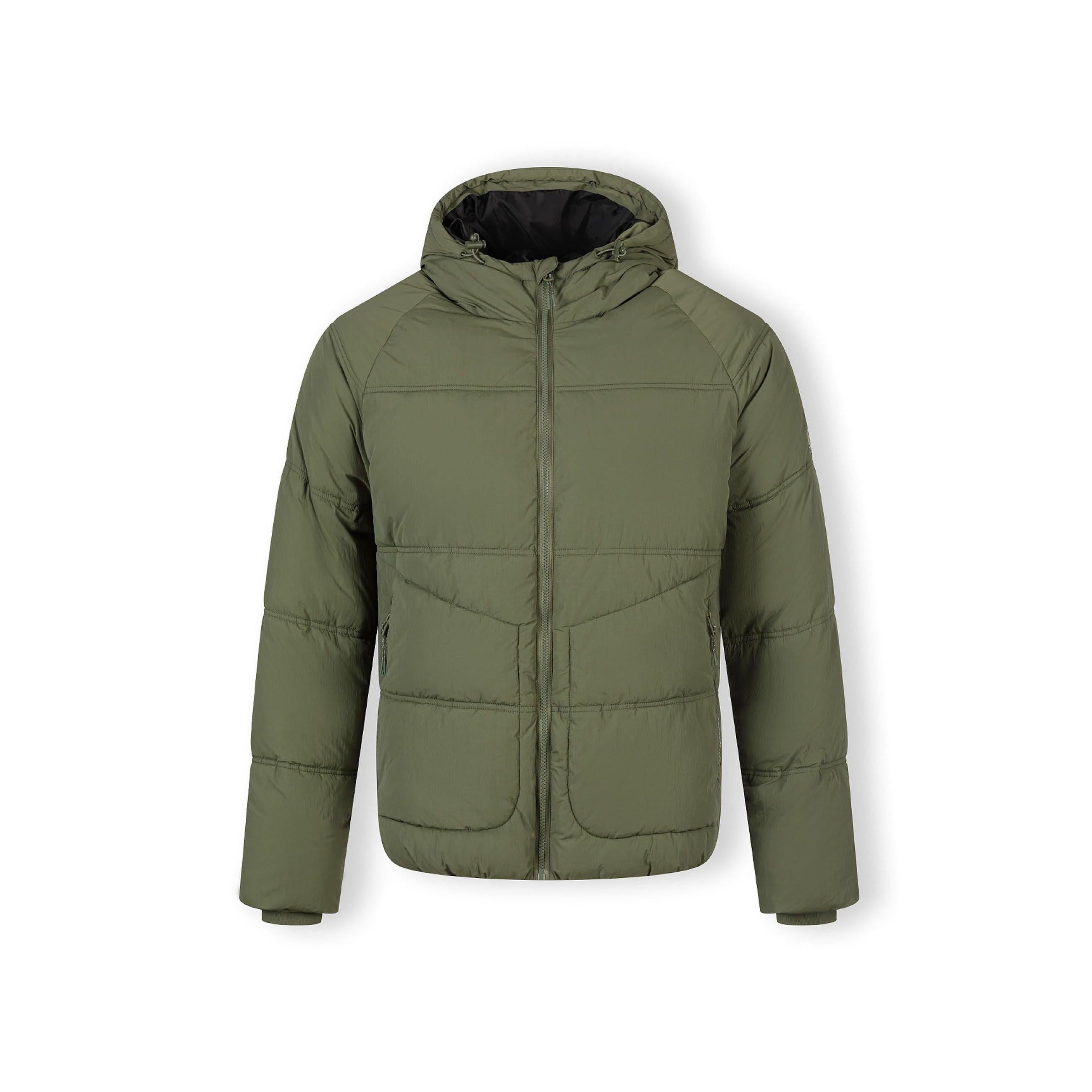 Quilted jacket in khaki green colour with hood and full zip closure, displayed flat against white background
