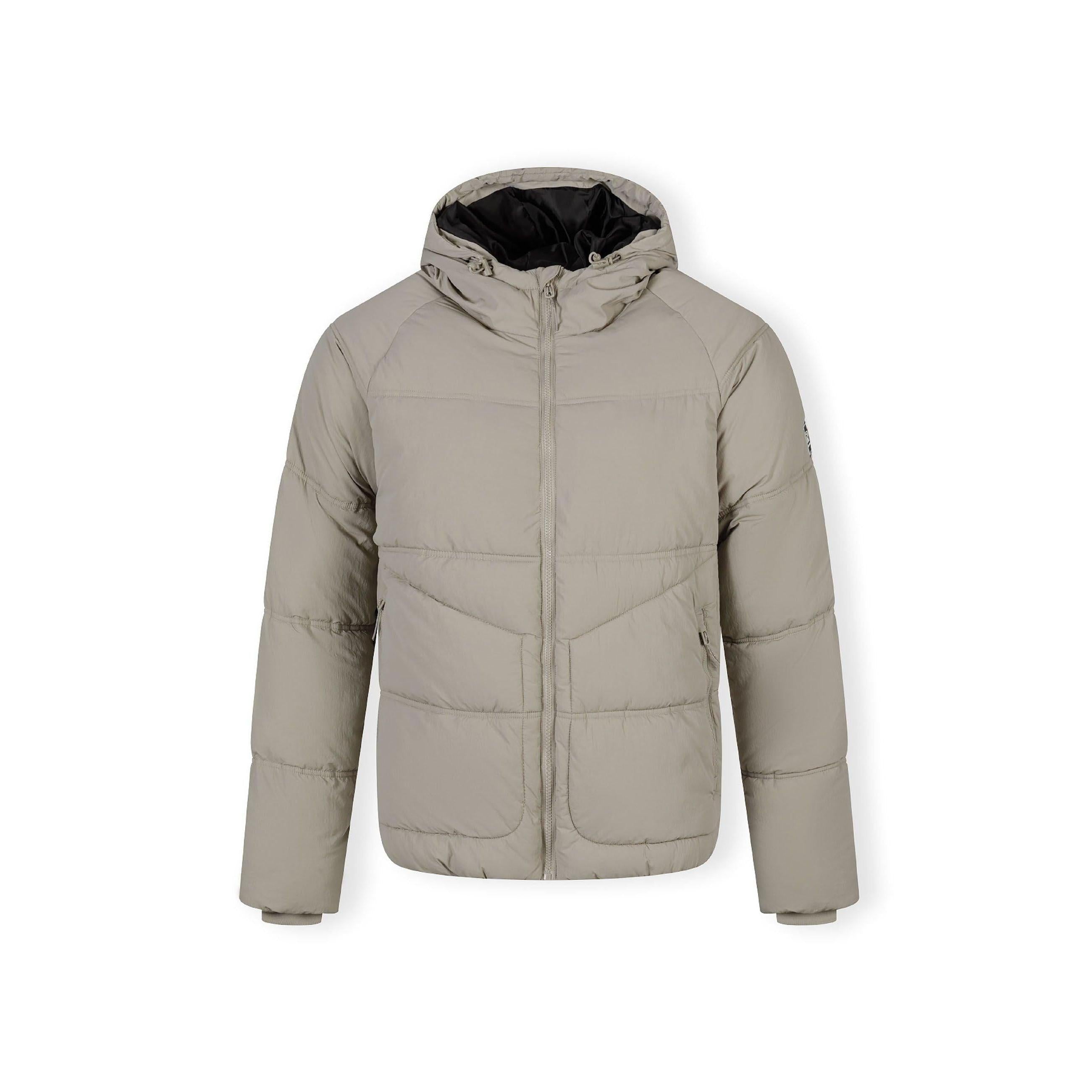 Grey quilted jacket laid flat showing front view with hood, zip closure and black interior lining visible
