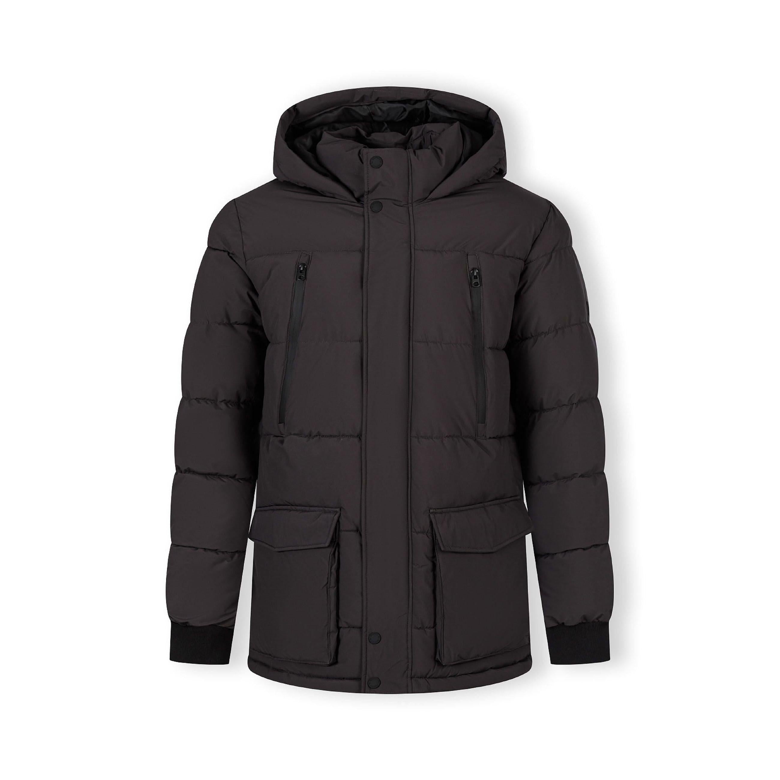 Grey padded jacket laid flat showing front view with hood, zip closure and multiple pockets on white background