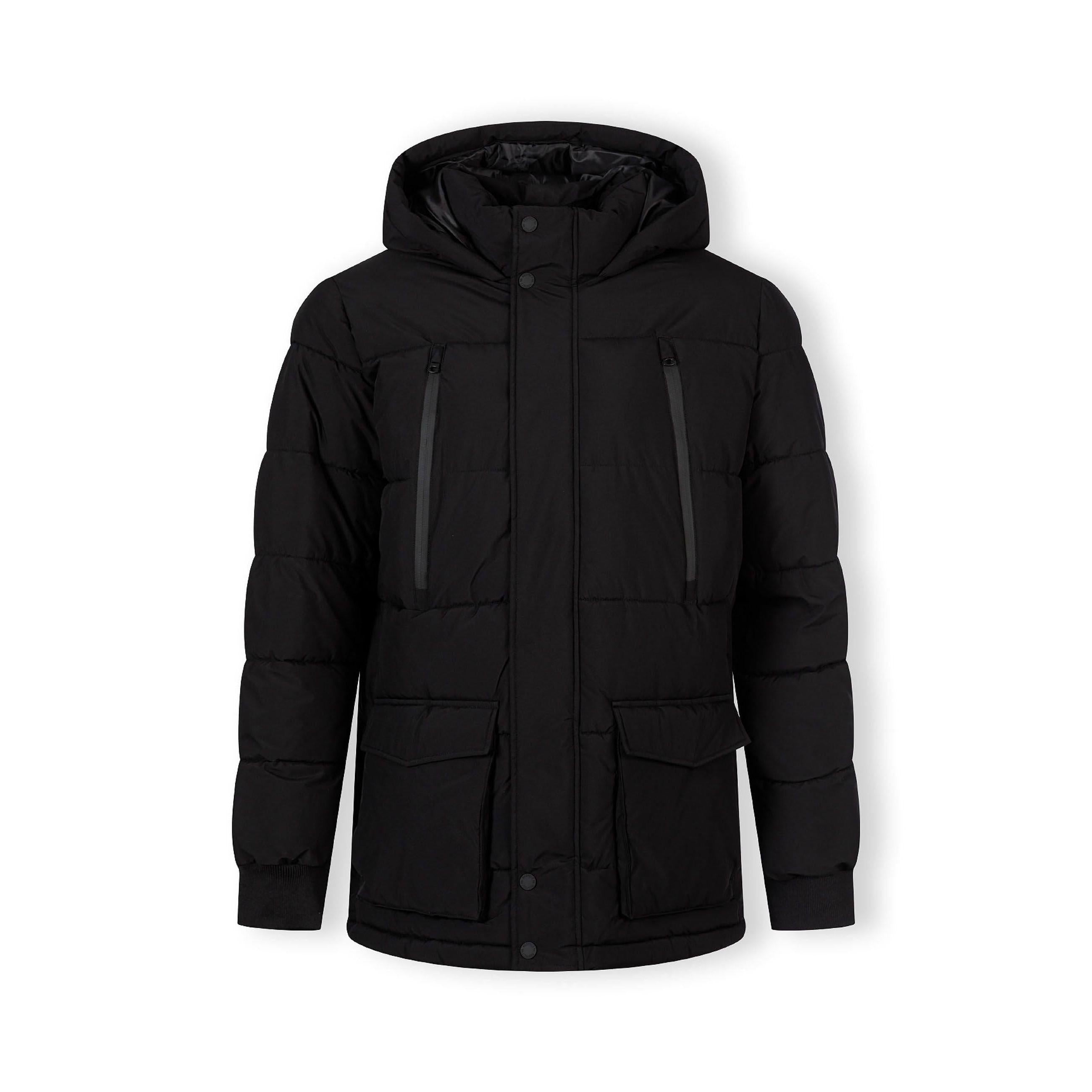 Black quilted parka jacket with hood and chest pocket laid flat on white background