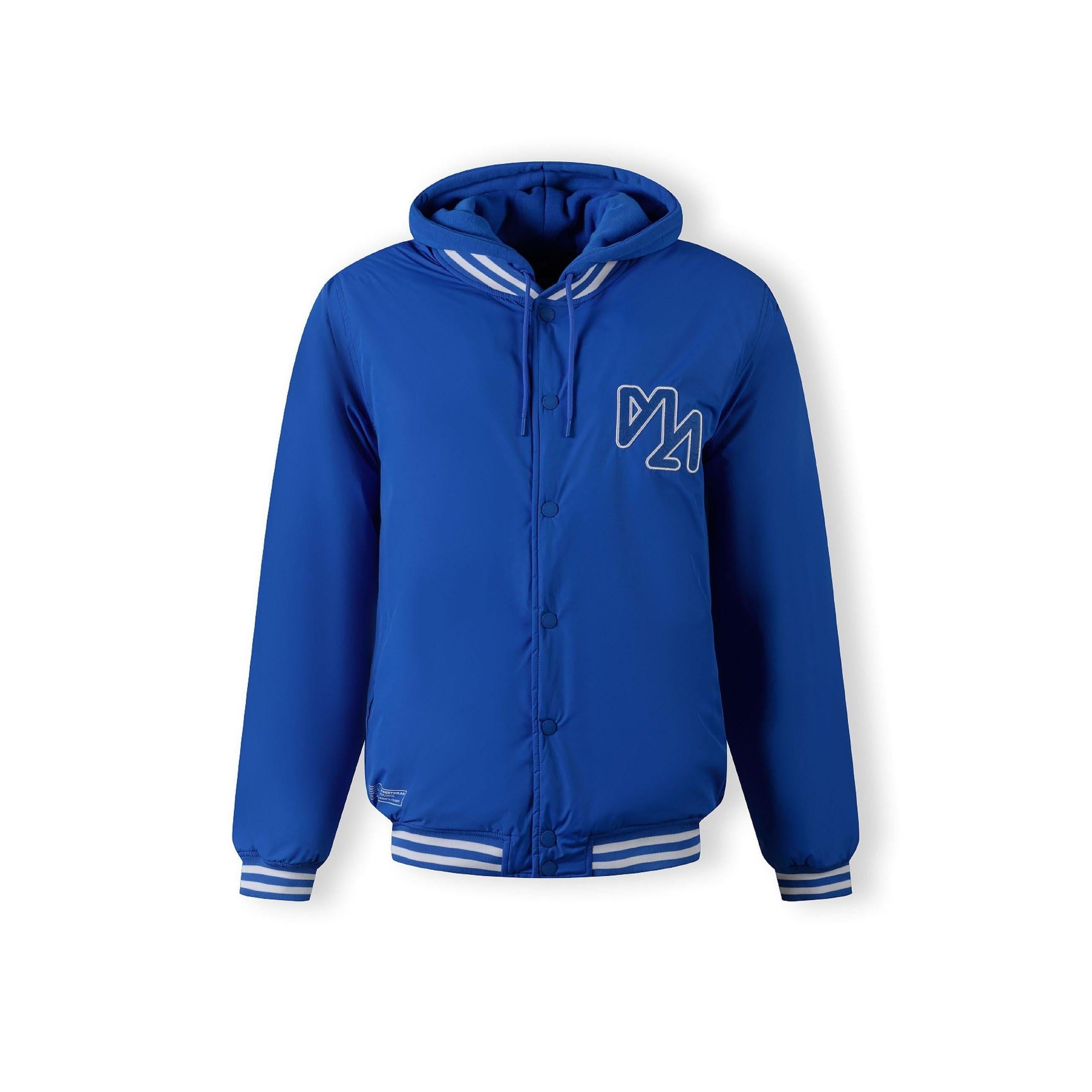 Cobalt blue bomber jacket laid flat showing baseball collar, white striped ribbed cuffs and hem, front zip closure on white background