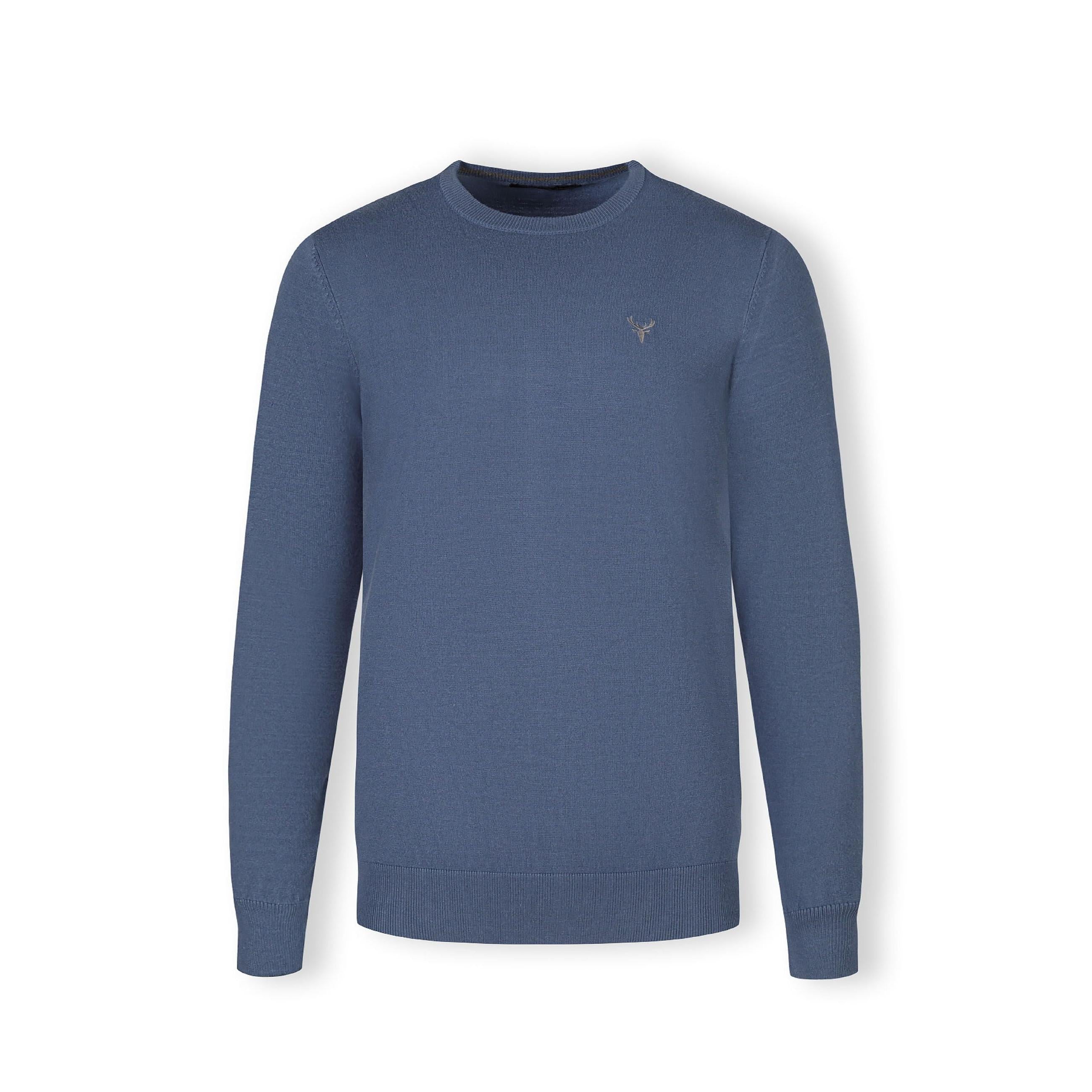 Blue fine knit jumper back view showing plain design and ribbed hem construction on white background