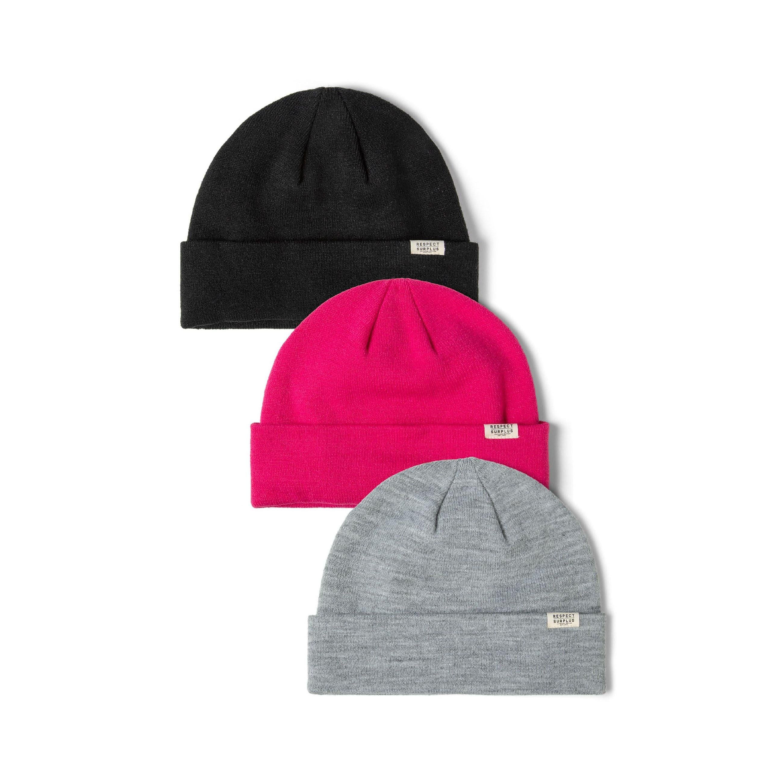 Three black ribbed beanie hats arranged on white background showing different angles with Respect Surplus labels