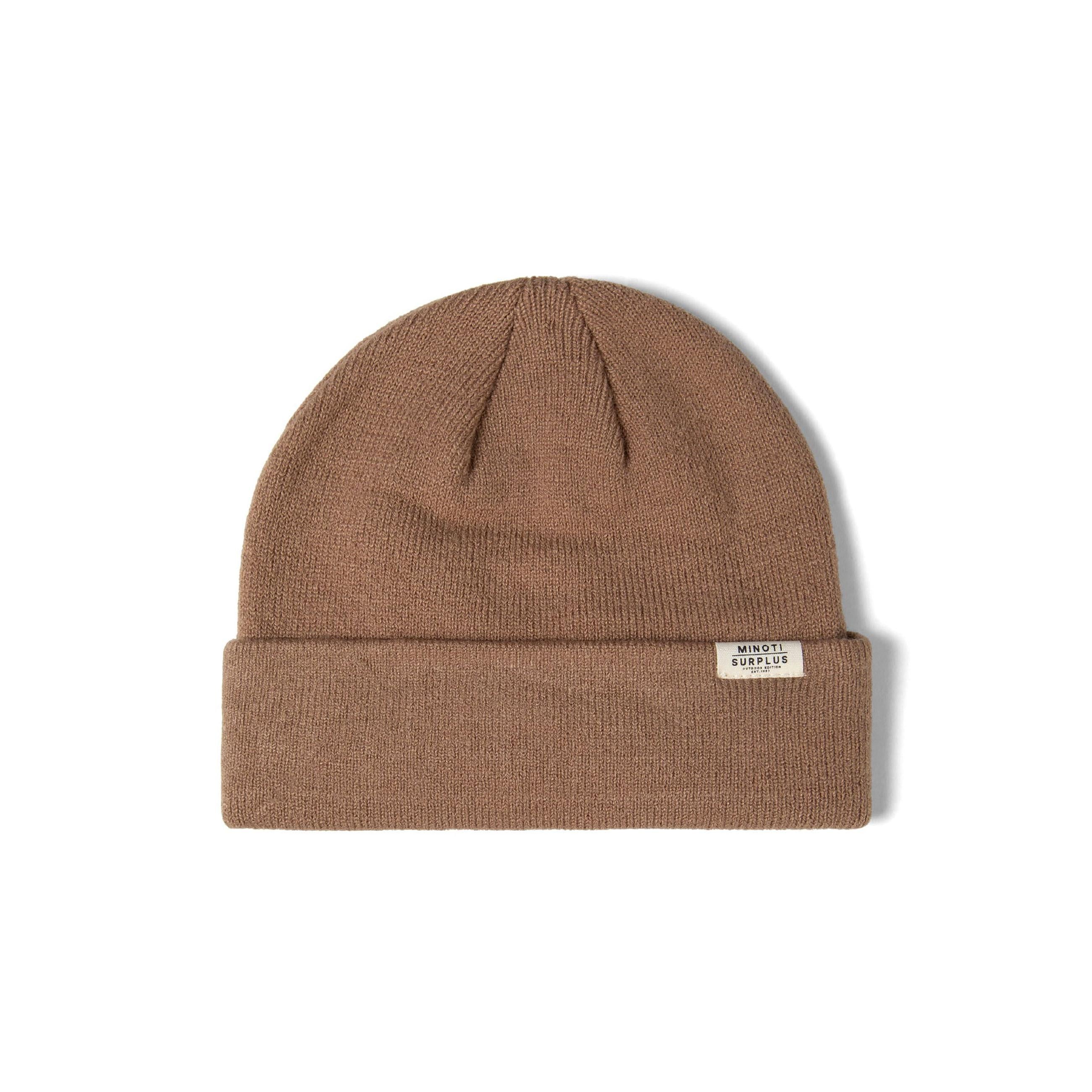 Single brown ribbed beanie hat on white background showing soft knit texture and white Minoti label on fold-up cuff