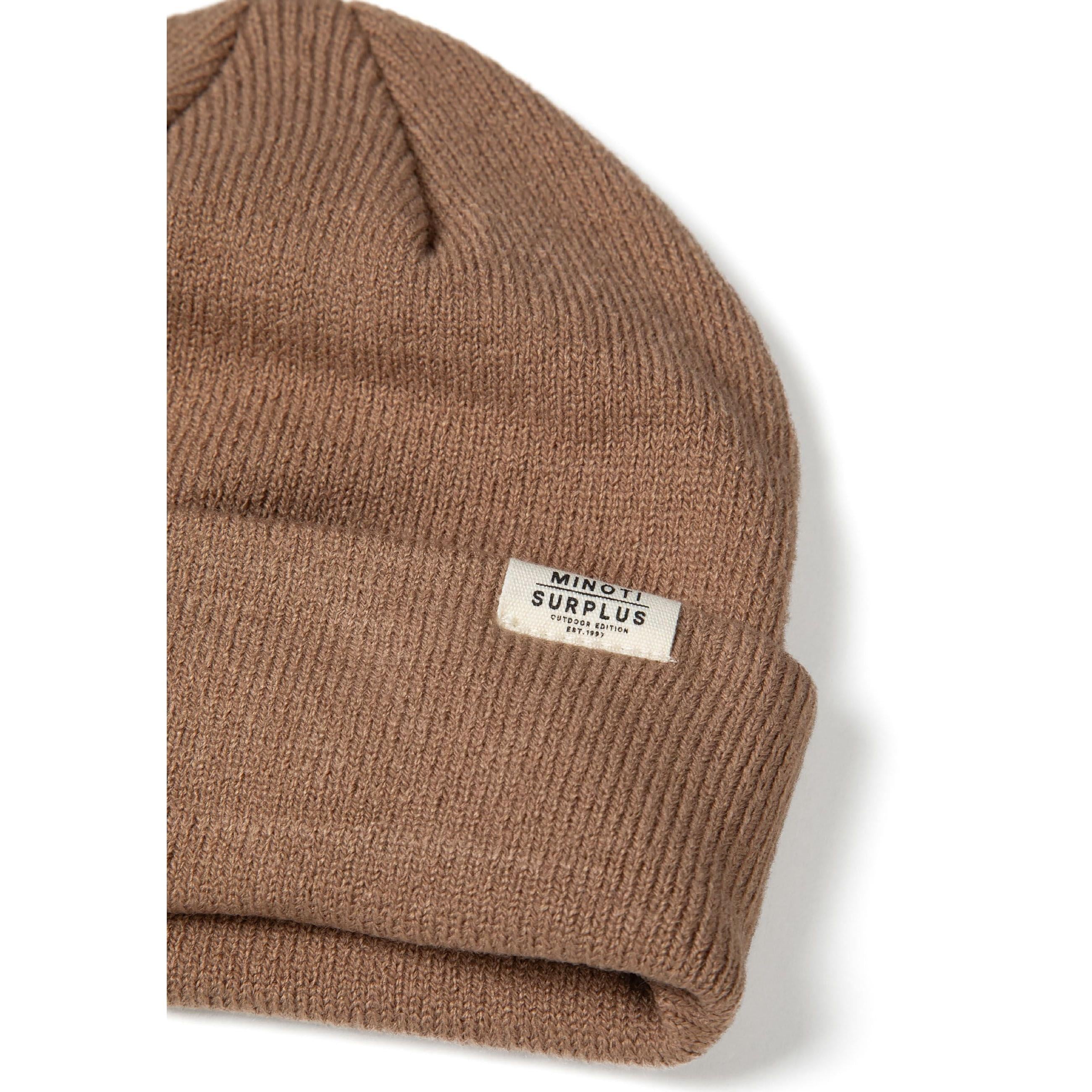 Single grey ribbed beanie hat on white background displaying knitted texture and white Minoti label on turned-up cuff