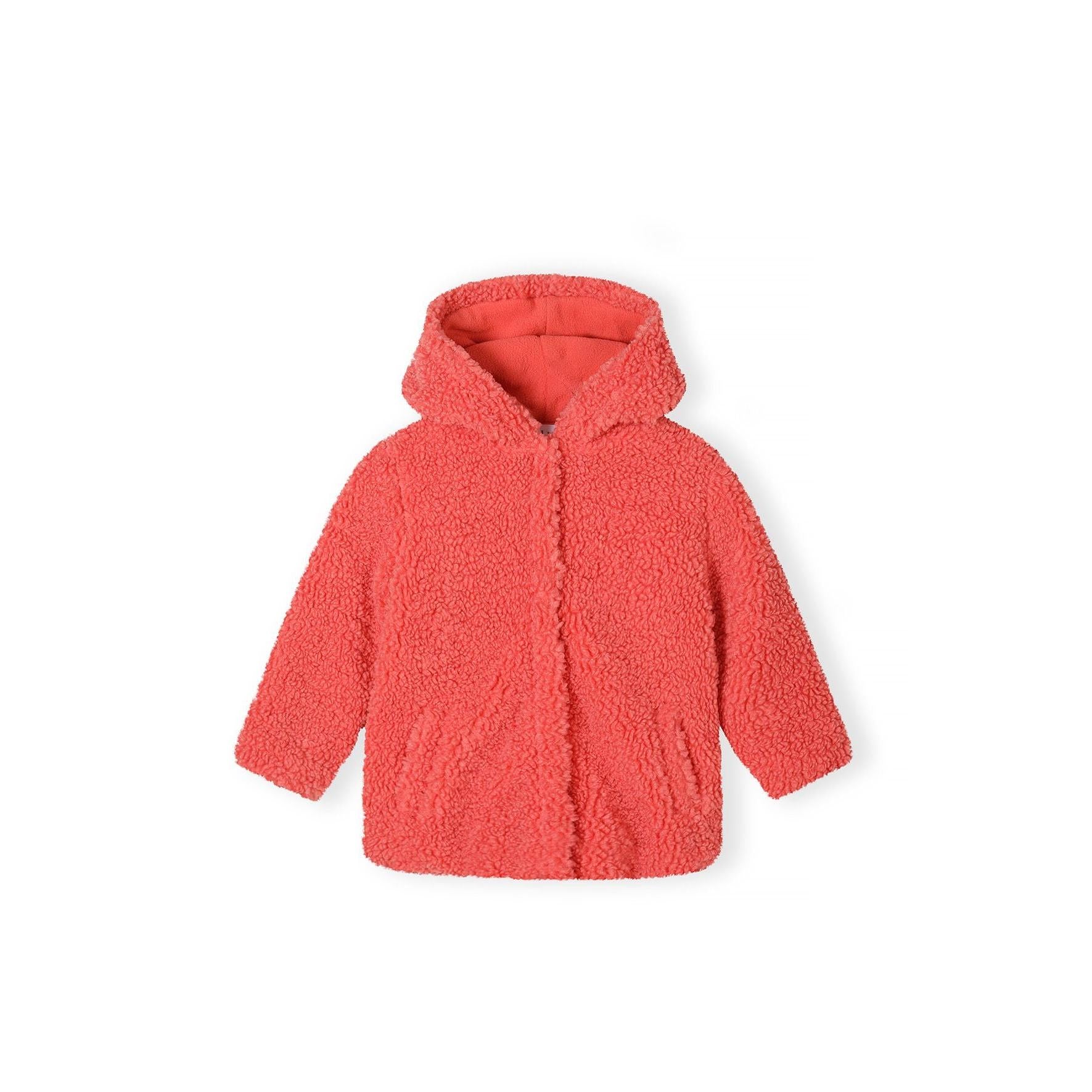 Back view of coral borg fleece hooded jacket laid flat showing textured fleece material and hood design against white background