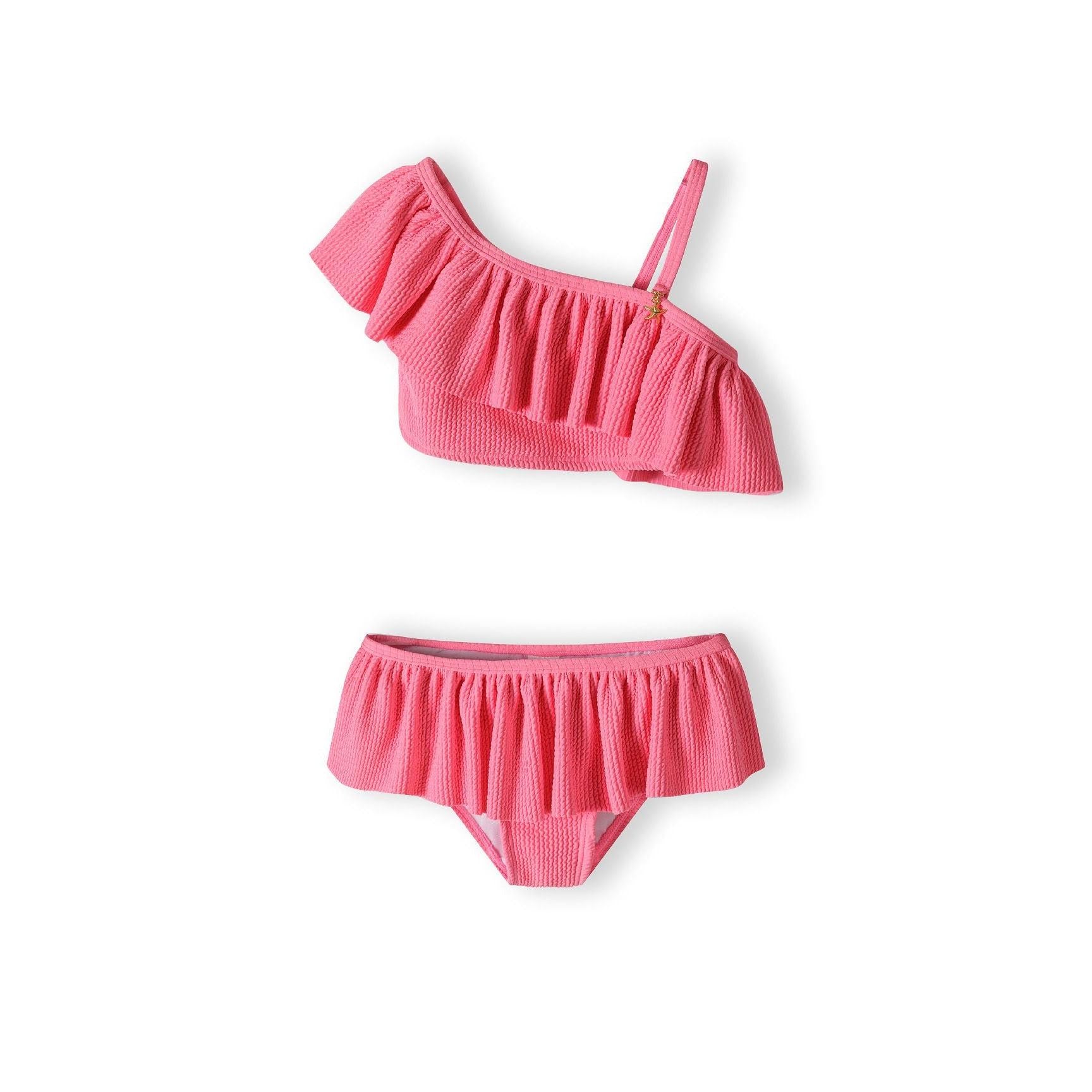 Pink ruffle bikini set with asymmetrical off-shoulder top and matching ruffled bottoms on white background