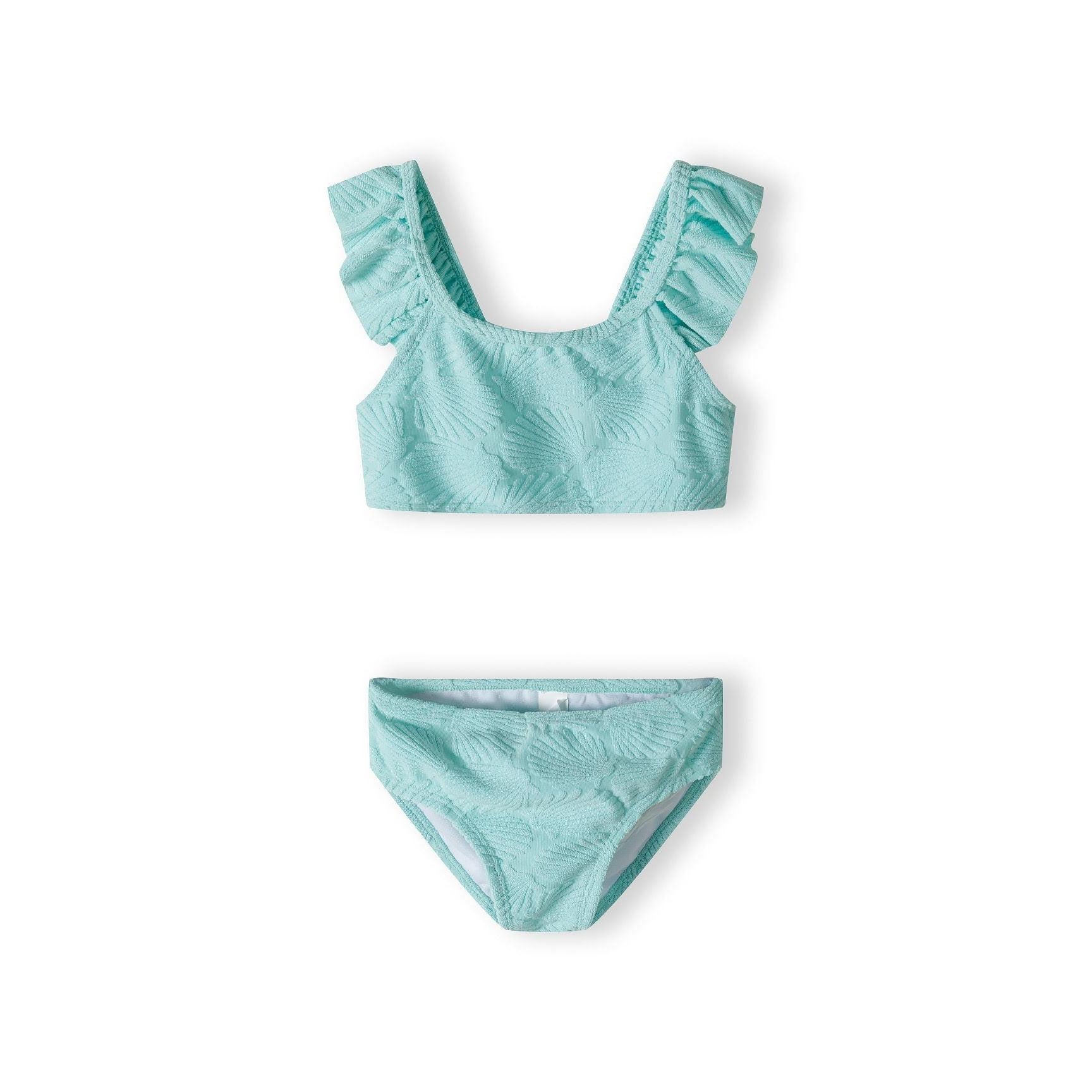 Mint green two-piece bikini with ruffle shoulder straps and palm leaf texture print, displayed flat against white background showing both top and bottom pieces