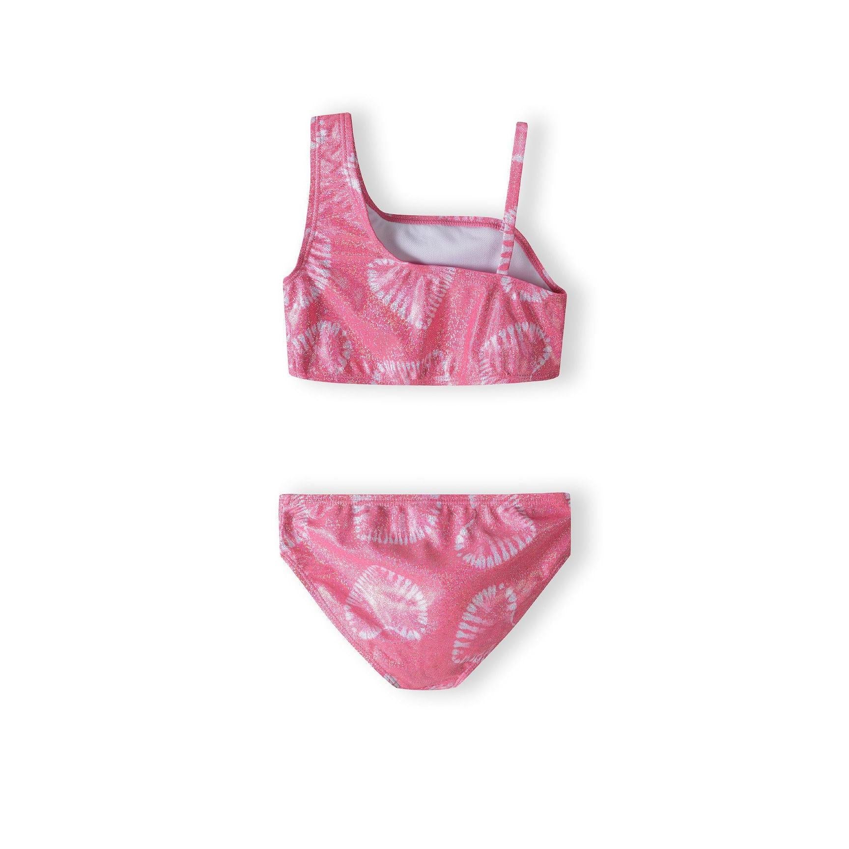 Pink shell print bikini top showing adjustable straps and square neckline on white background