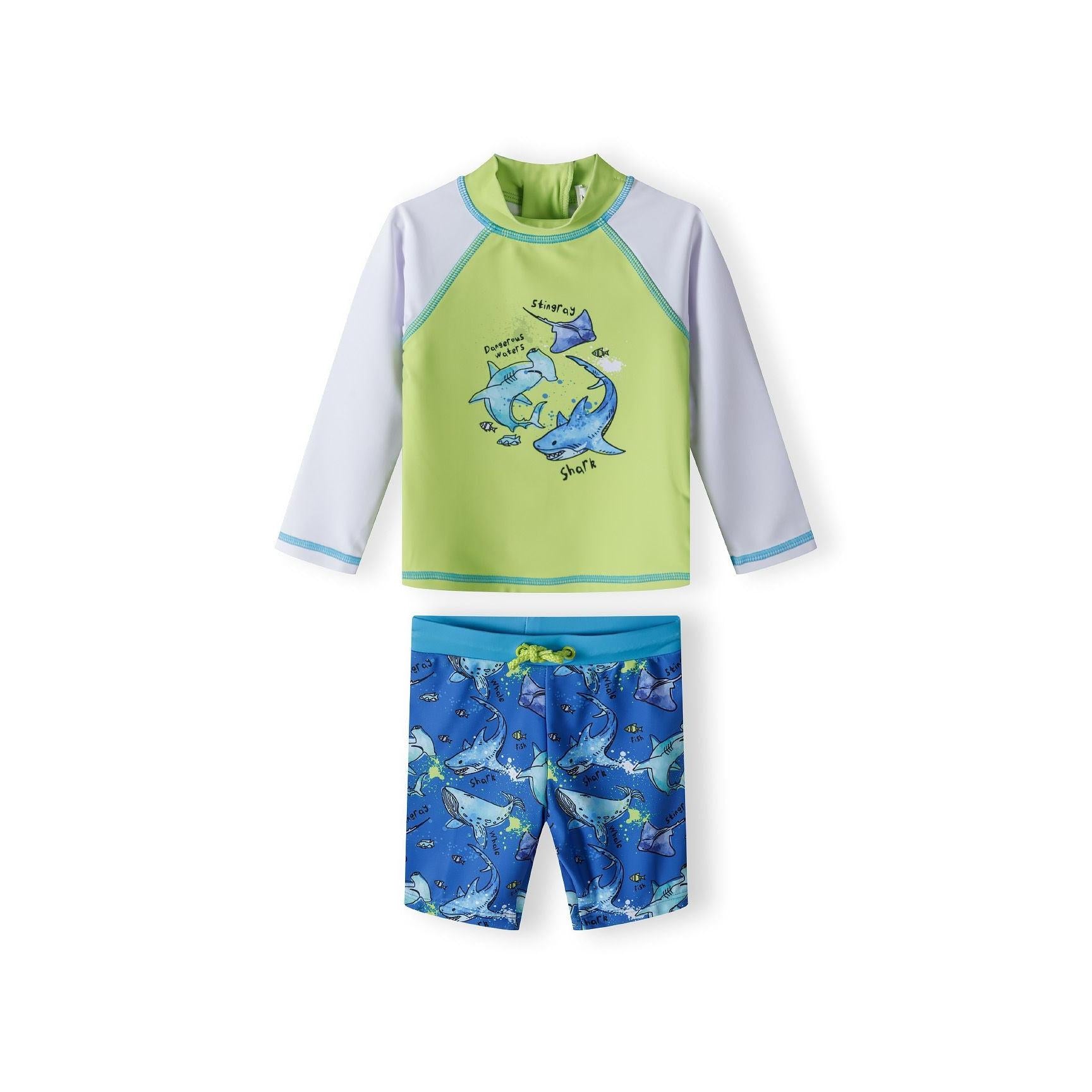 Back view of green and white raglan sleeve swim top with quarter zip and contrast blue stitching on white background