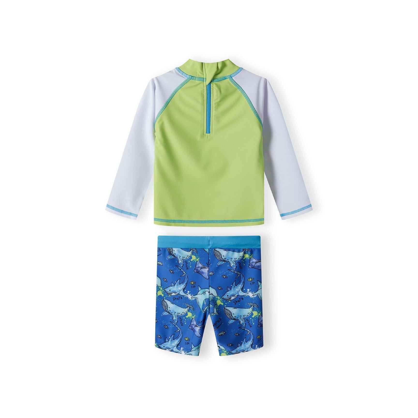 Blue swim shorts with all-over shark and sea creature print including whales and fish on white background