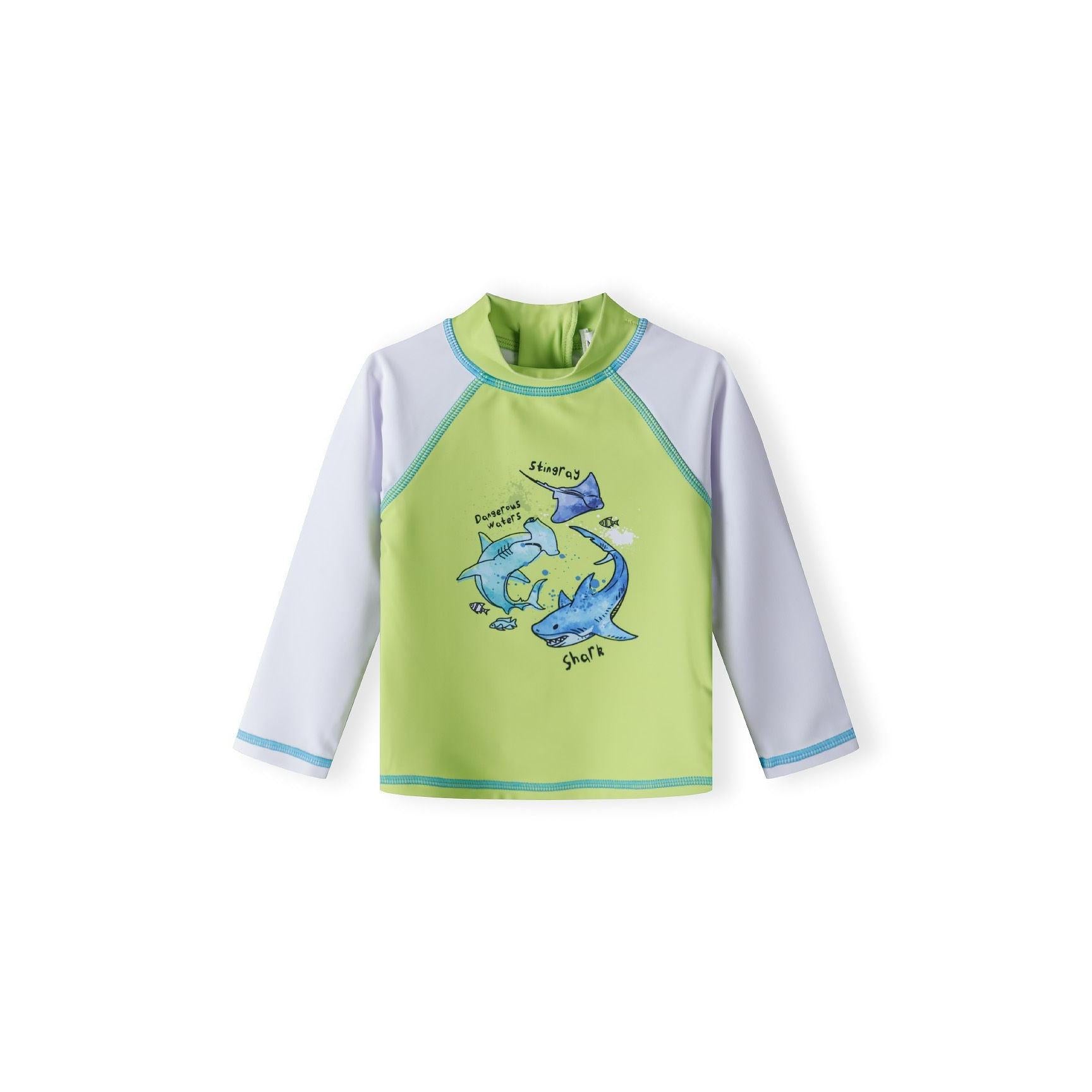 Blue swim shorts with all-over shark and sea creature print including whales and fish on white background