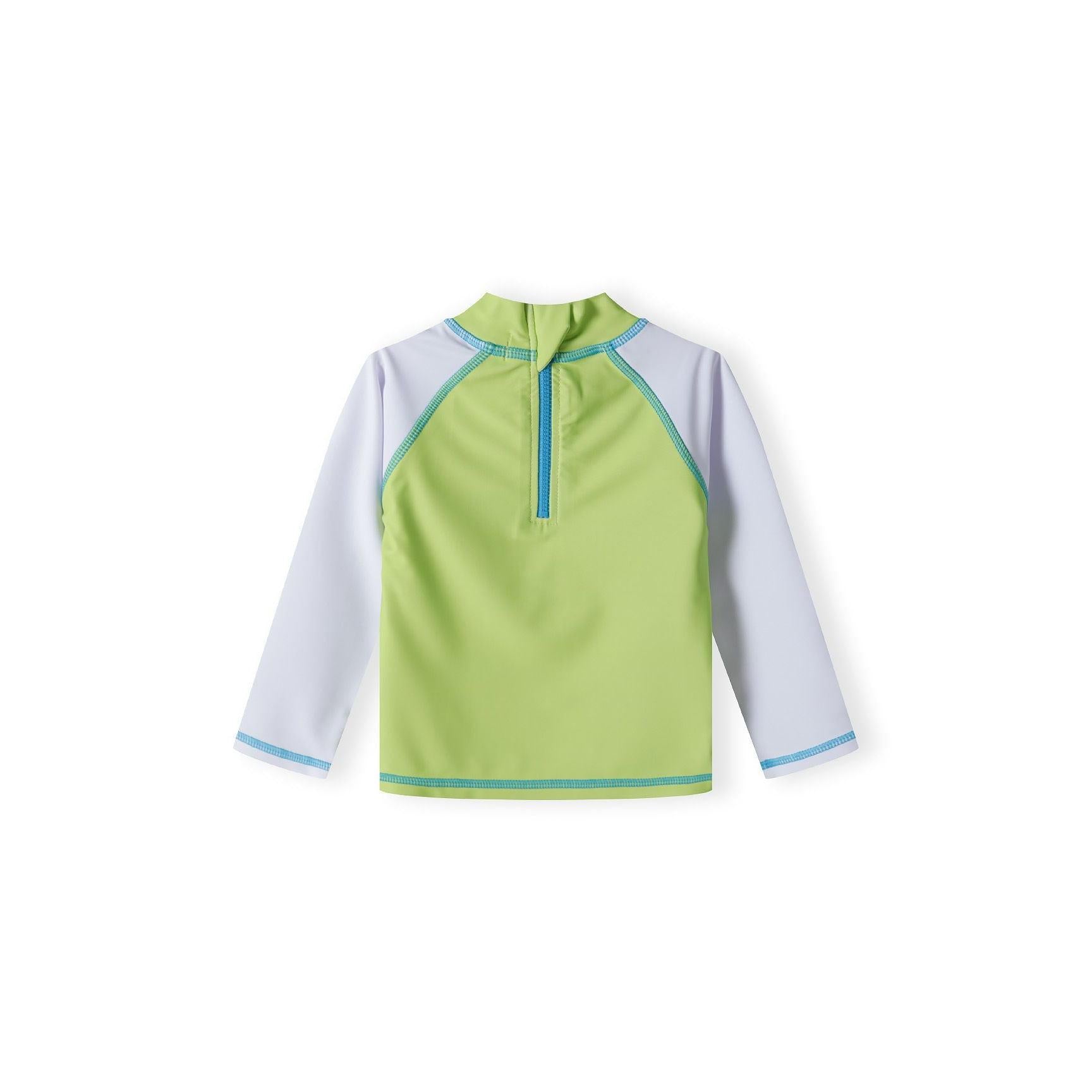 Back view of green and white raglan sleeve swim top with quarter zip and contrast blue stitching on white background