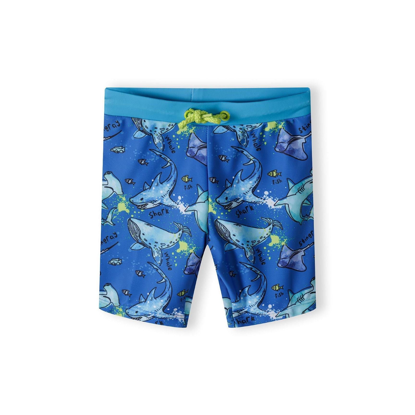 Blue swim shorts with all-over shark and sea creature print including whales and fish on white background