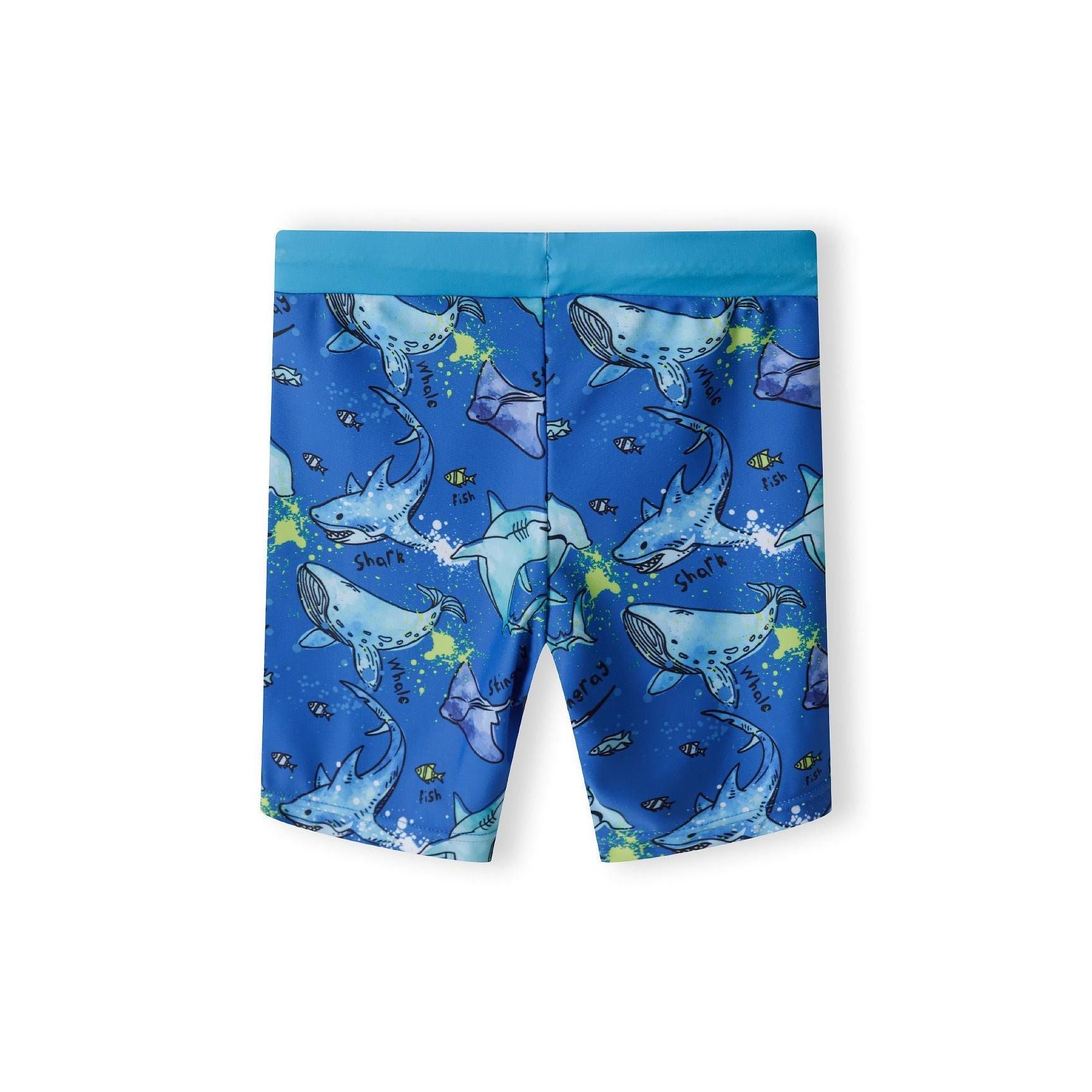 Blue swim shorts with all-over shark and sea creature print including whales and fish on white background