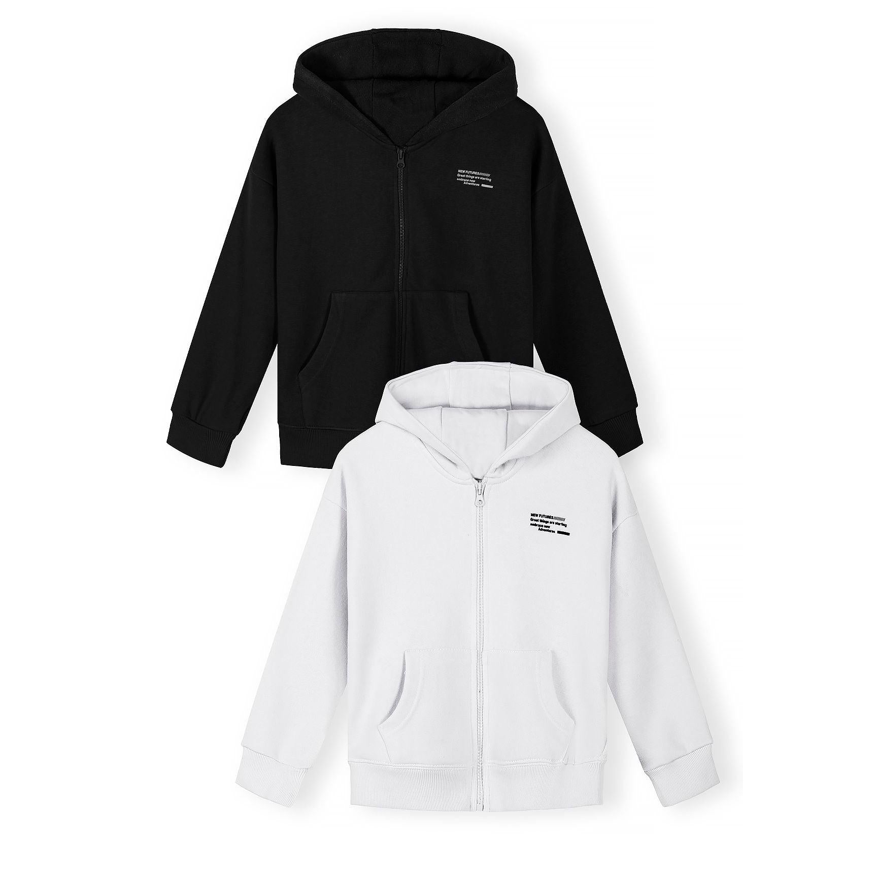 Two zip-up hoodies displayed flat - one black hoodie on top and one white hoodie below, both featuring drawstring hoods, front zip closures, and kangaroo pockets against white background