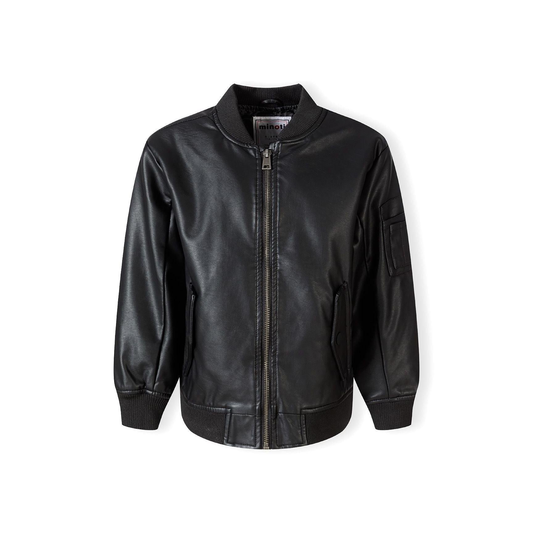 Back view of black faux leather bomber jacket showing ribbed collar and sleeve detail with arm pocket, laid flat on white background