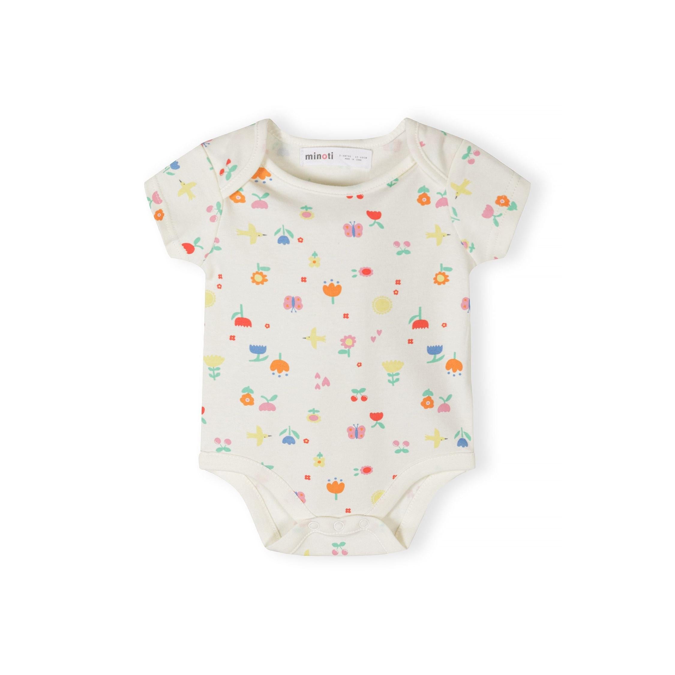 Single mint green bodysuit with large pink daisy flowers and orange centres, short sleeves and envelope neckline on white background