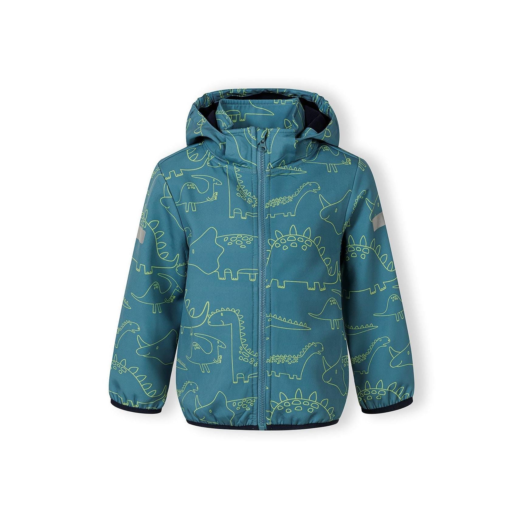 Turquoise softshell jacket with dinosaur outline print laid flat showing full zip closure, hood and Minoti label on white background