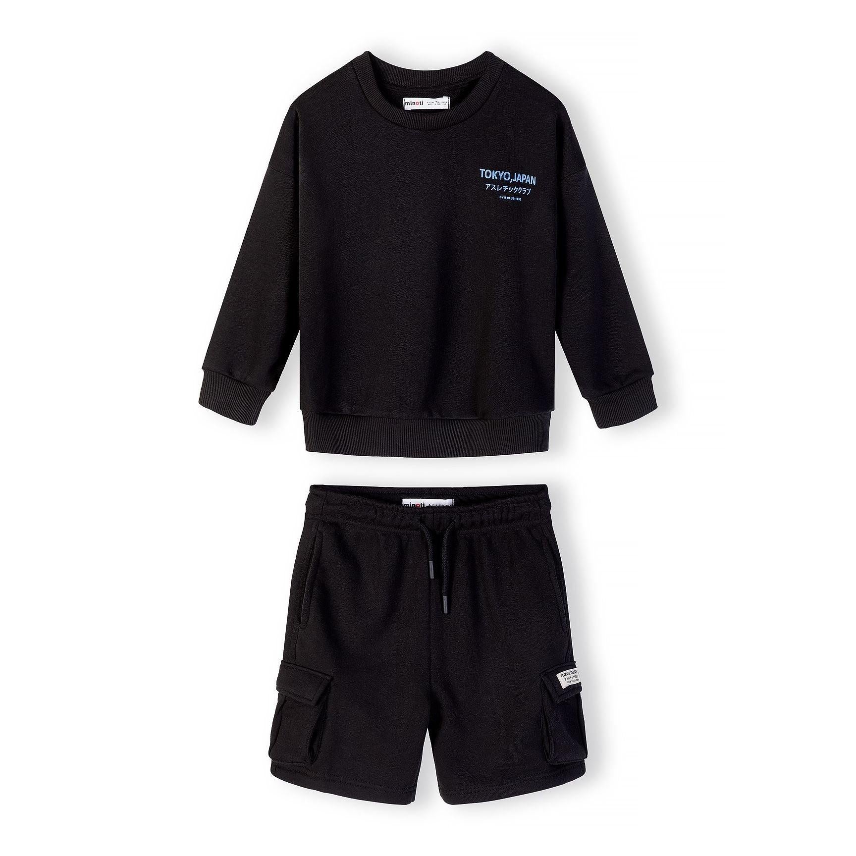Black sweatshirt and cargo shorts set displayed flat against white background, showing Tokyo Japan text print on chest and multiple cargo pockets on shorts