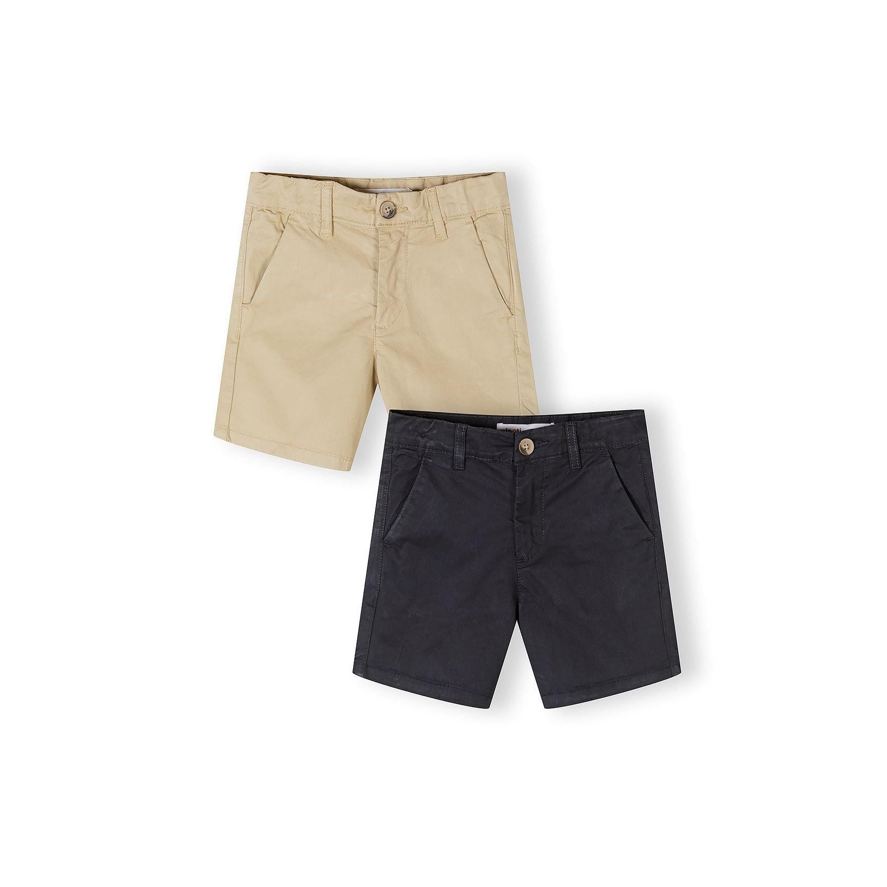 Two pairs of chino shorts displayed on white background - stone beige pair above and navy blue pair below, showing classic styling with side pockets and button closure