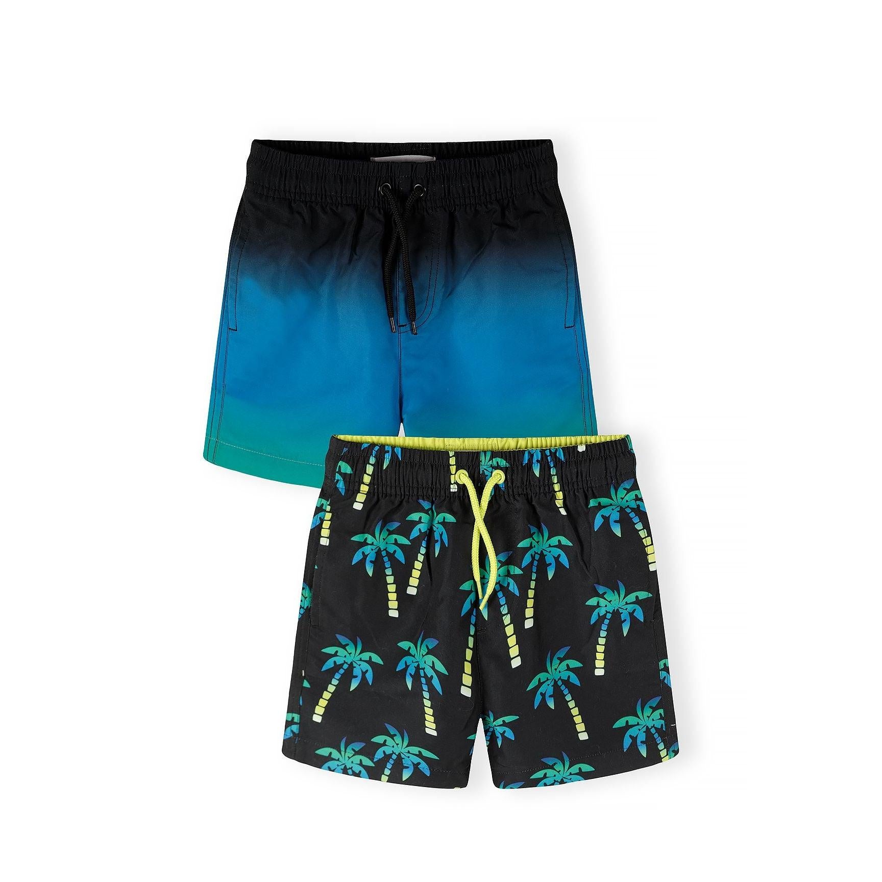 Two swimming shorts displayed flat - one with black to blue ombre gradient fade, one with black palm tree print in teal and yellow colours
