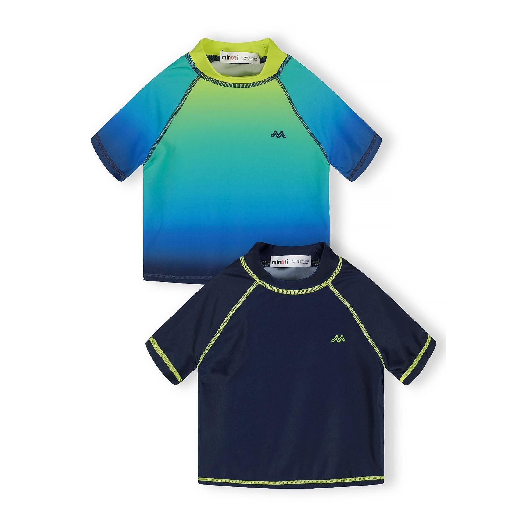 Back view of blue ombré short sleeve rash guard with lime green to blue gradient design on white background