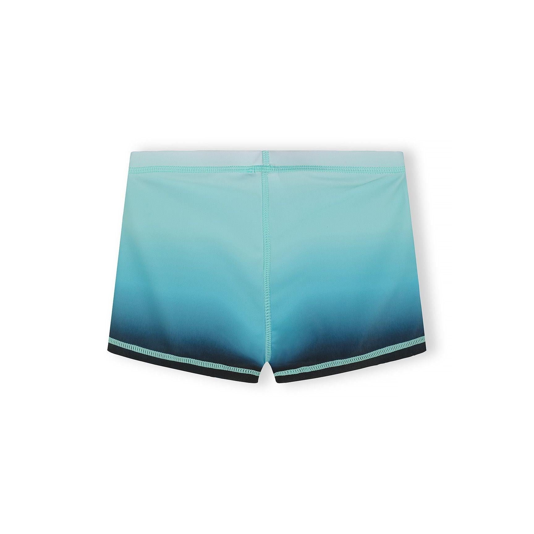 Close-up view of solid black swim shorts showing construction details, waistband and seam stitching on white background