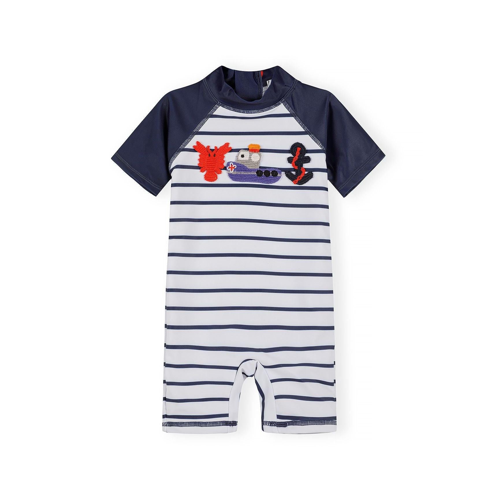 Navy and white striped rash vest with sea creature appliqués including red crab and boat, displayed on white background